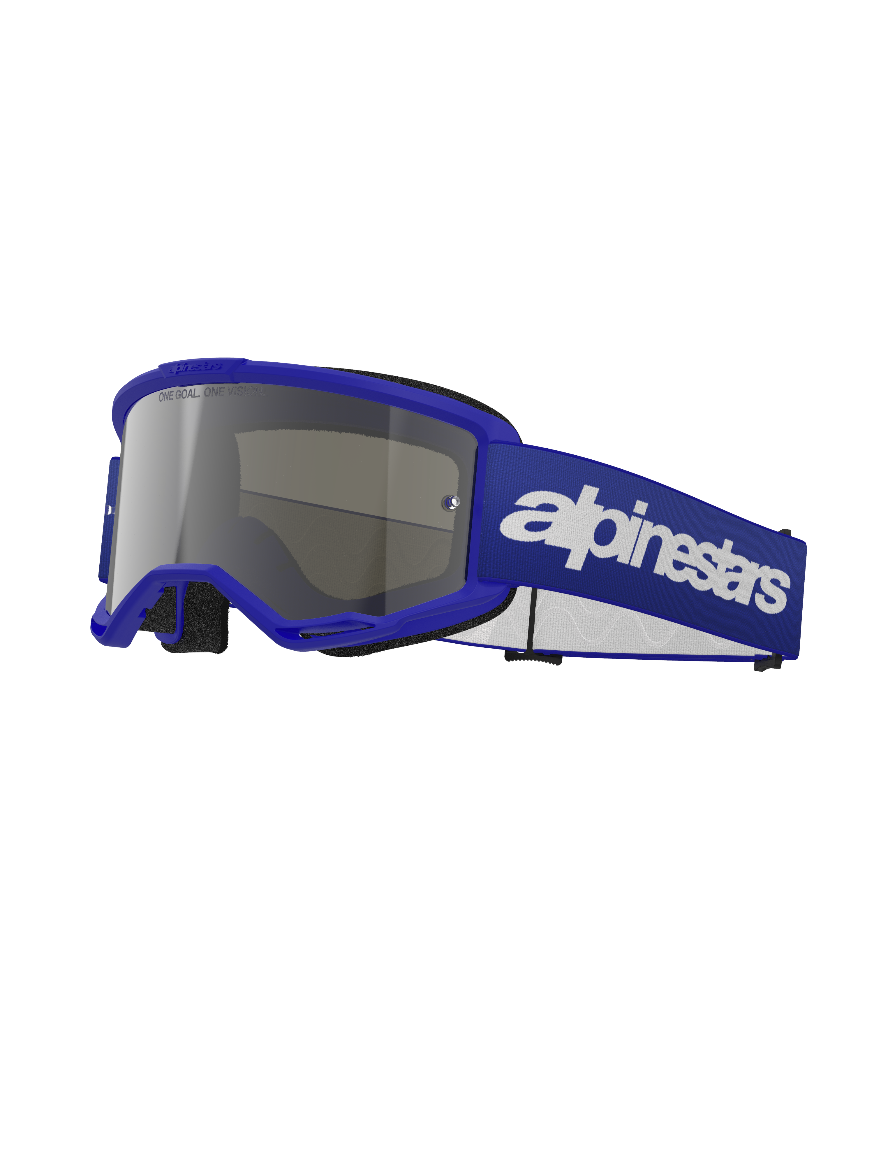 Alpinestars Vision 3 Wordmark Goggles, lunettes de motocross, monture bleue avec écran miroir argenté, large sangle bleue ajustable avec logo Alpinestars blanc, mousse faciale noire, lunettes de protection pour le tout-terrain et la moto cross