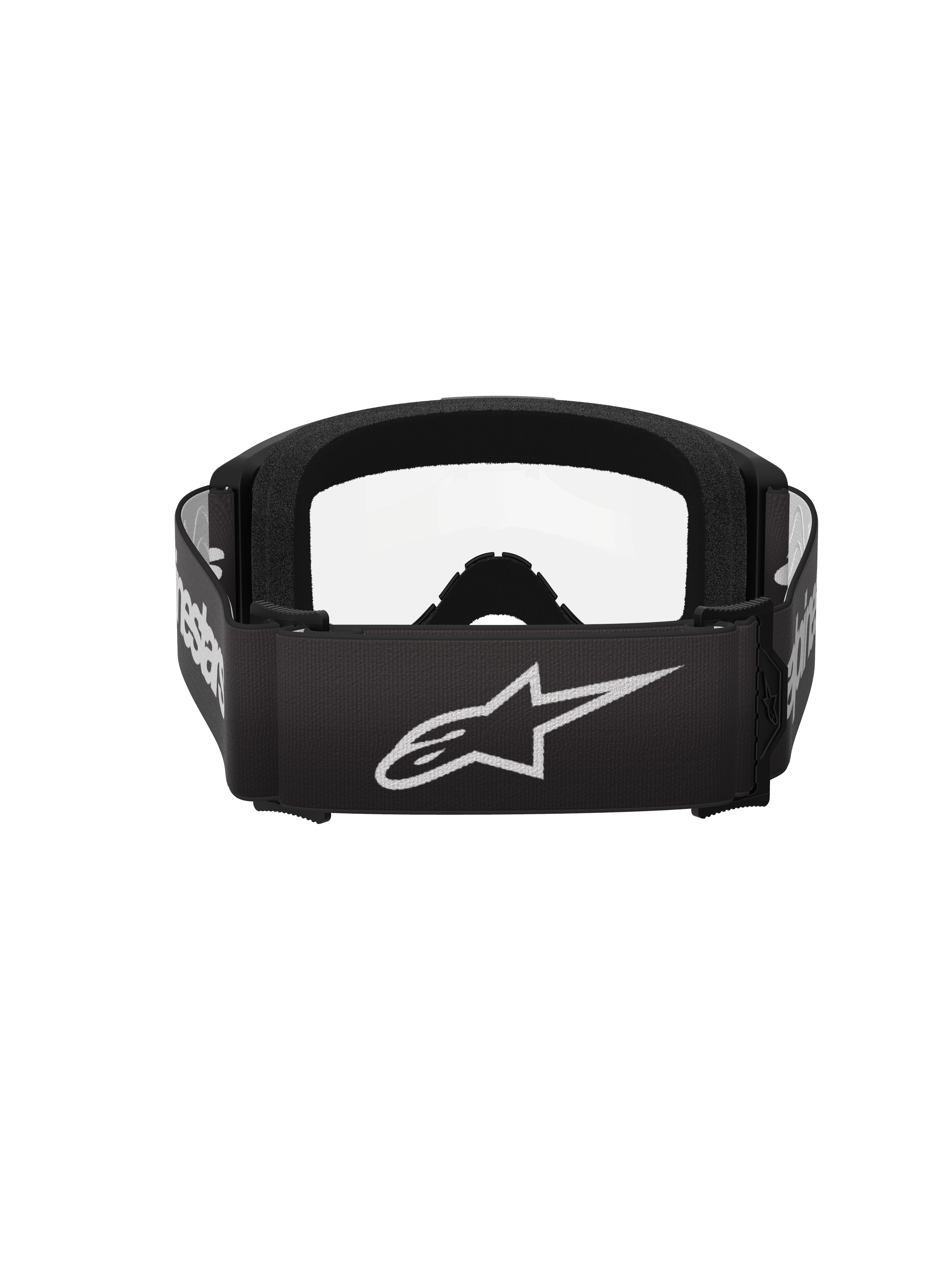 Alpinestars Vision 3 Wordmark Goggles, motorcrossbril, zwart en helder, achteraanzicht met een brede zwarte band met wit Alpinestars sterlogo en woordmerk, dik zwart gezichtsschuim en heldere lens.