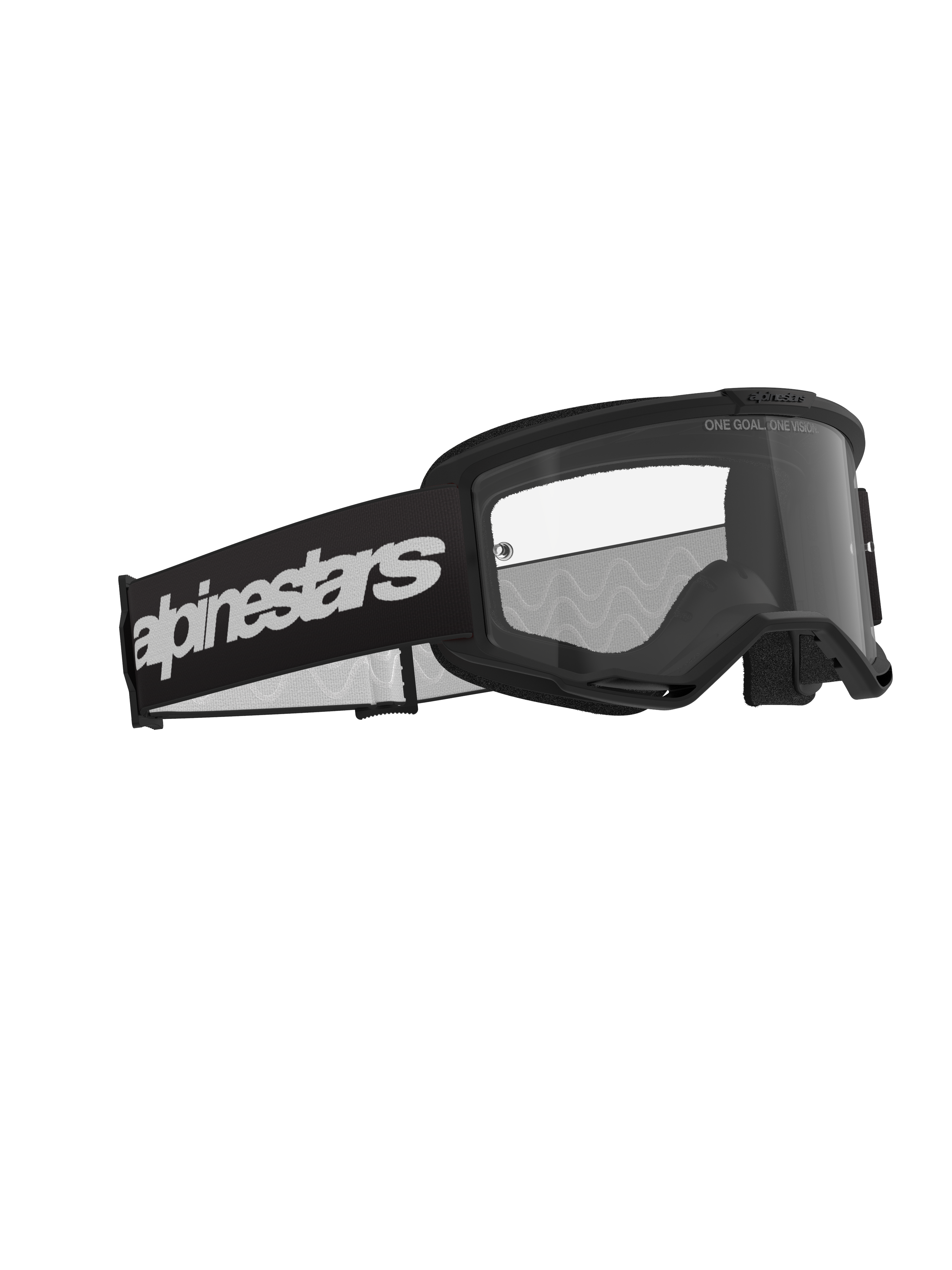 Alpinestars Vision 3 Wordmark Goggles, motorcrossbril, zwart en helder, voorzien van een brede zwarte band met een opvallend wit wordmark-logo, heldere anticondenslens met "ONE GOAL. ONE VISION." tekst, strak performance-ontwerp voor off-road racen