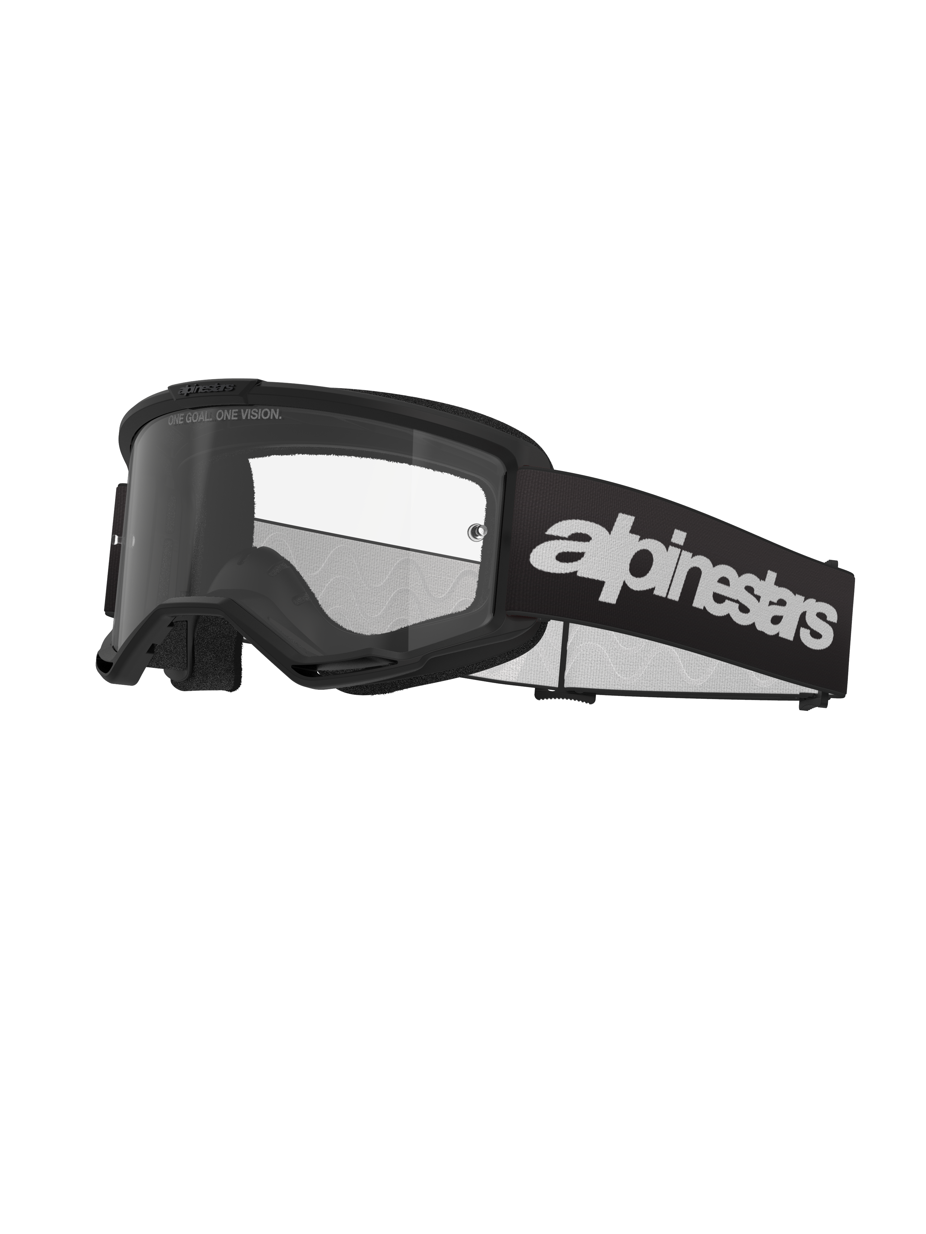 Alpinestars Vision 3 Wordmark Brille, Motocross-Schutzbrille, Schwarz und Klar, mit auffälligem weißem Alpinestars-Branding auf dem Band, klarer Linse mit „ONE GOAL. ONE VISION.“ Schriftzug und minimalistischem Rahmendesign