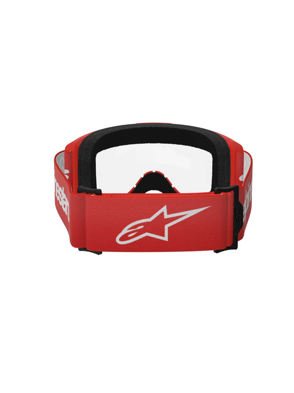 Alpinestars Vision 3 Wordmark Goggles, Motocross-Brille, Rot und Klar, Rückansicht mit rotem gewebtem Band, großem weißen Alpinestars-Logo und schwarzer Gesichtsschaum-Polsterung
