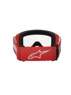 Alpinestars Vision 3 Wordmark Goggles, Motocross-Brille, Rot und Klar, Rückansicht mit rotem gewebtem Band, großem weißen Alpinestars-Logo und schwarzer Gesichtsschaum-Polsterung