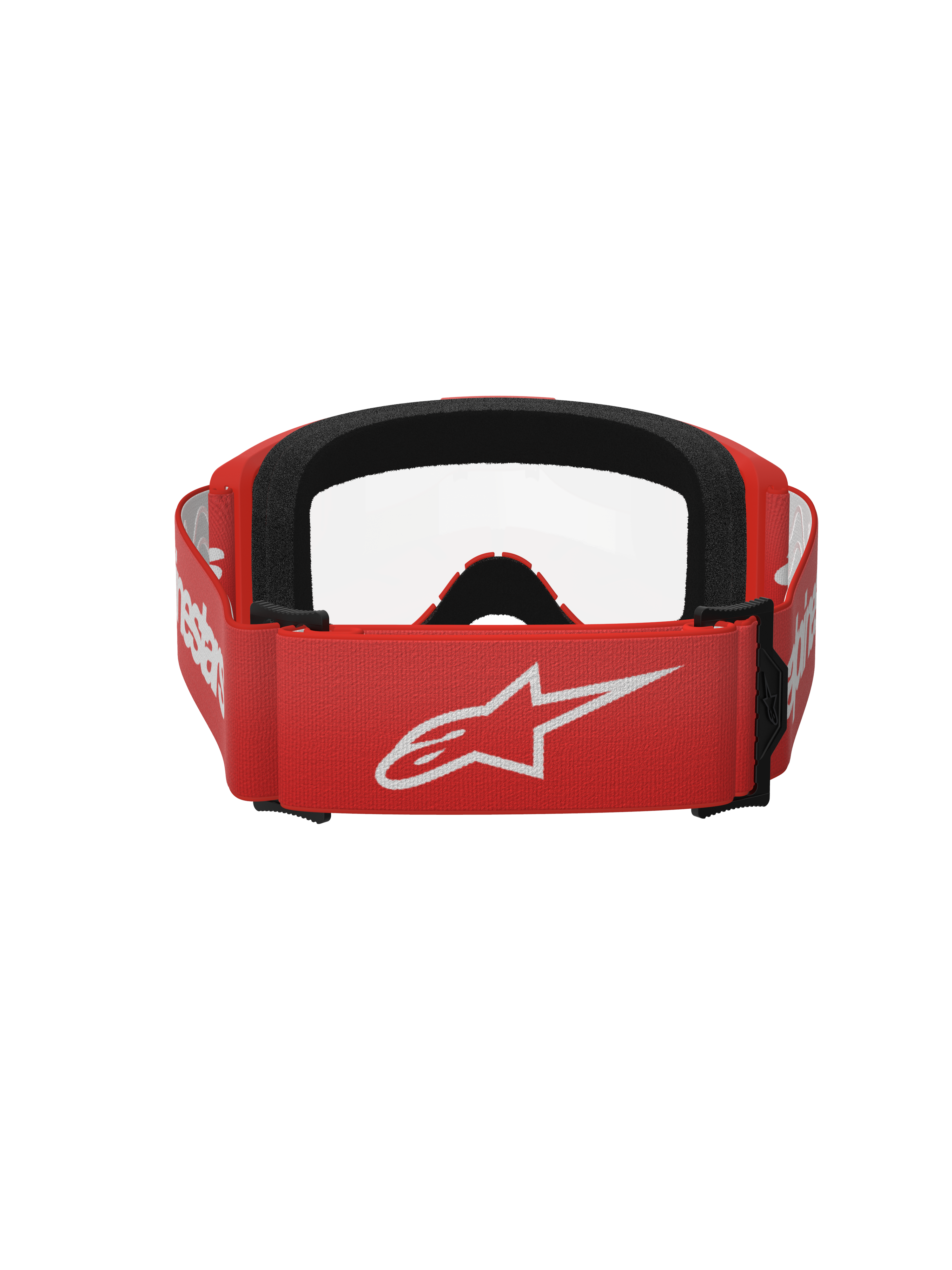 Alpinestars Vision 3 Wordmark Goggles, Motocross-Brille, Rot und Klar, Rückansicht mit rotem gewebtem Band, großem weißen Alpinestars-Logo und schwarzer Gesichtsschaum-Polsterung