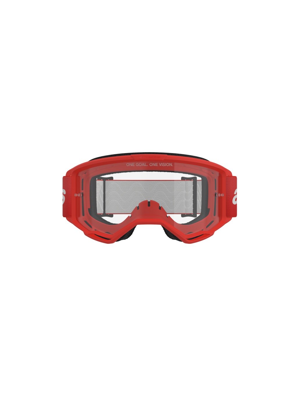 Alpinestars Vision 3 Wordmark Goggles, Motocross-Brille, roter Rahmen und klare Linse, rotes gewebtes Band mit weißem Branding, 'ONE GOAL. ONE VISION.'-Schriftzug auf der Linse, frontale Studioaufnahme auf schwarzem Hintergrund