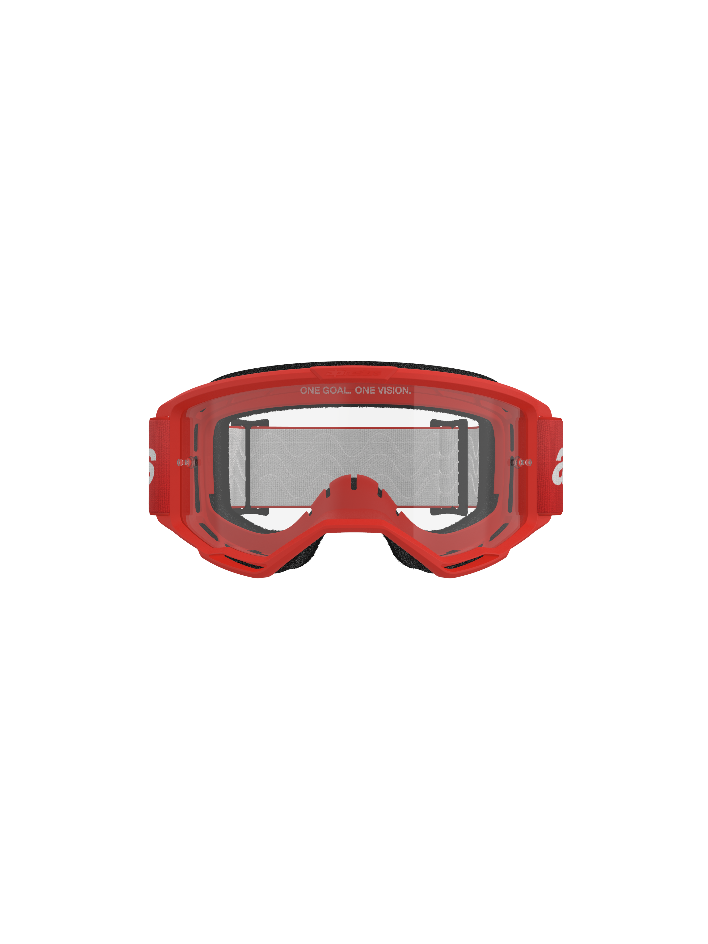 Alpinestars Vision 3 Wordmark Goggles, Motocross-Brille, roter Rahmen und klare Linse, rotes gewebtes Band mit weißem Branding, 'ONE GOAL. ONE VISION.'-Schriftzug auf der Linse, frontale Studioaufnahme auf schwarzem Hintergrund