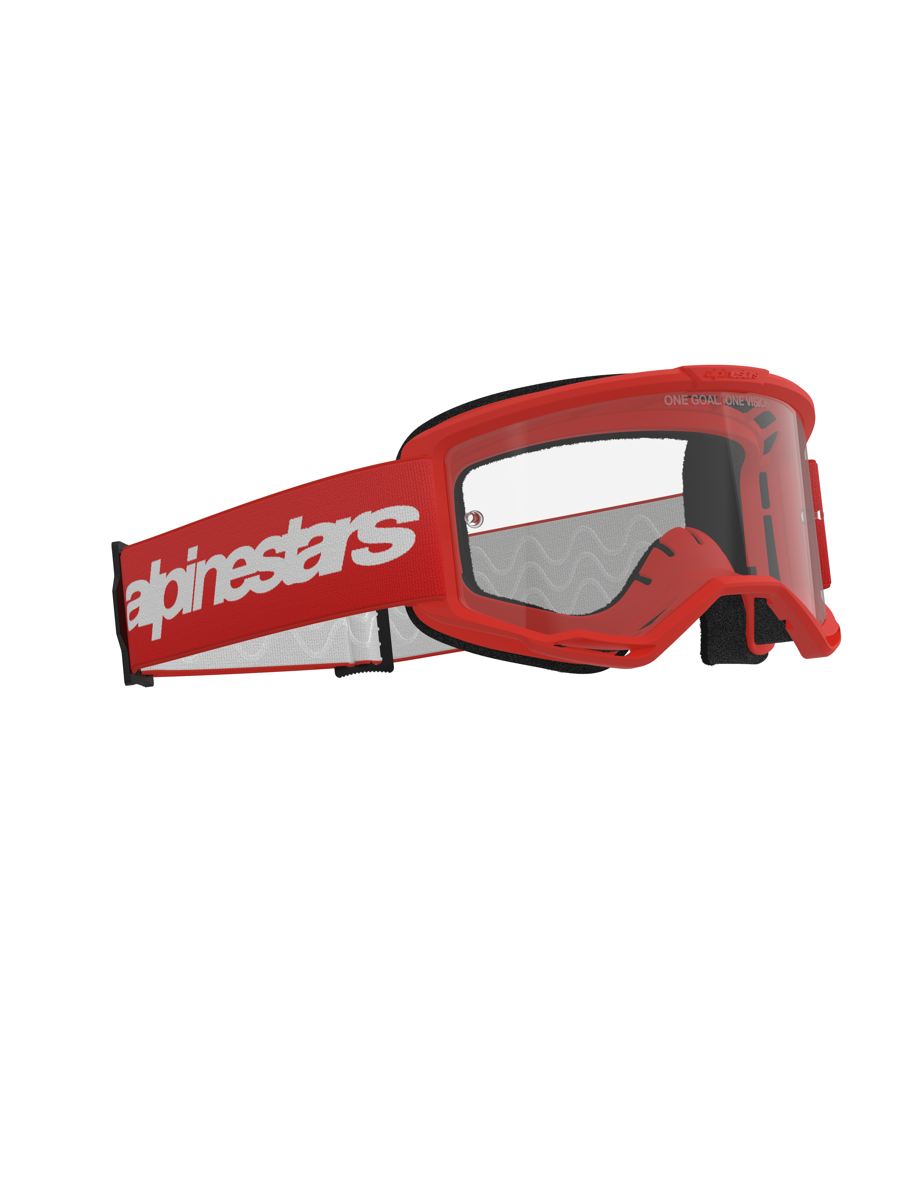 Alpinestars Vision 3 Wordmark Brille, Motocross-Brille, Rot mit klarer Linse, mit rotem Rahmen und breitem rotem Band mit weißem Alpinestars-Schriftzug, professionelle Offroad-Rennsport-Schutzbrille