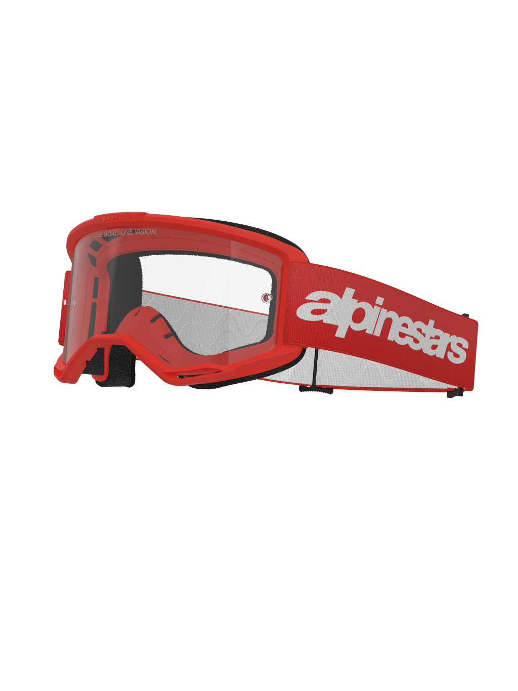 Alpinestars Vision 3 Wordmark Schutzbrille, Motocross-Brille, Rot und Weiß, klare Gläser, mit breitem rotem Band und auffälligem weißen Logo-Schriftzug, schwarzer Schaumstoffpolsterung und belüftetem A-FLEX-Rahmen für den Offroad-Rennsport.