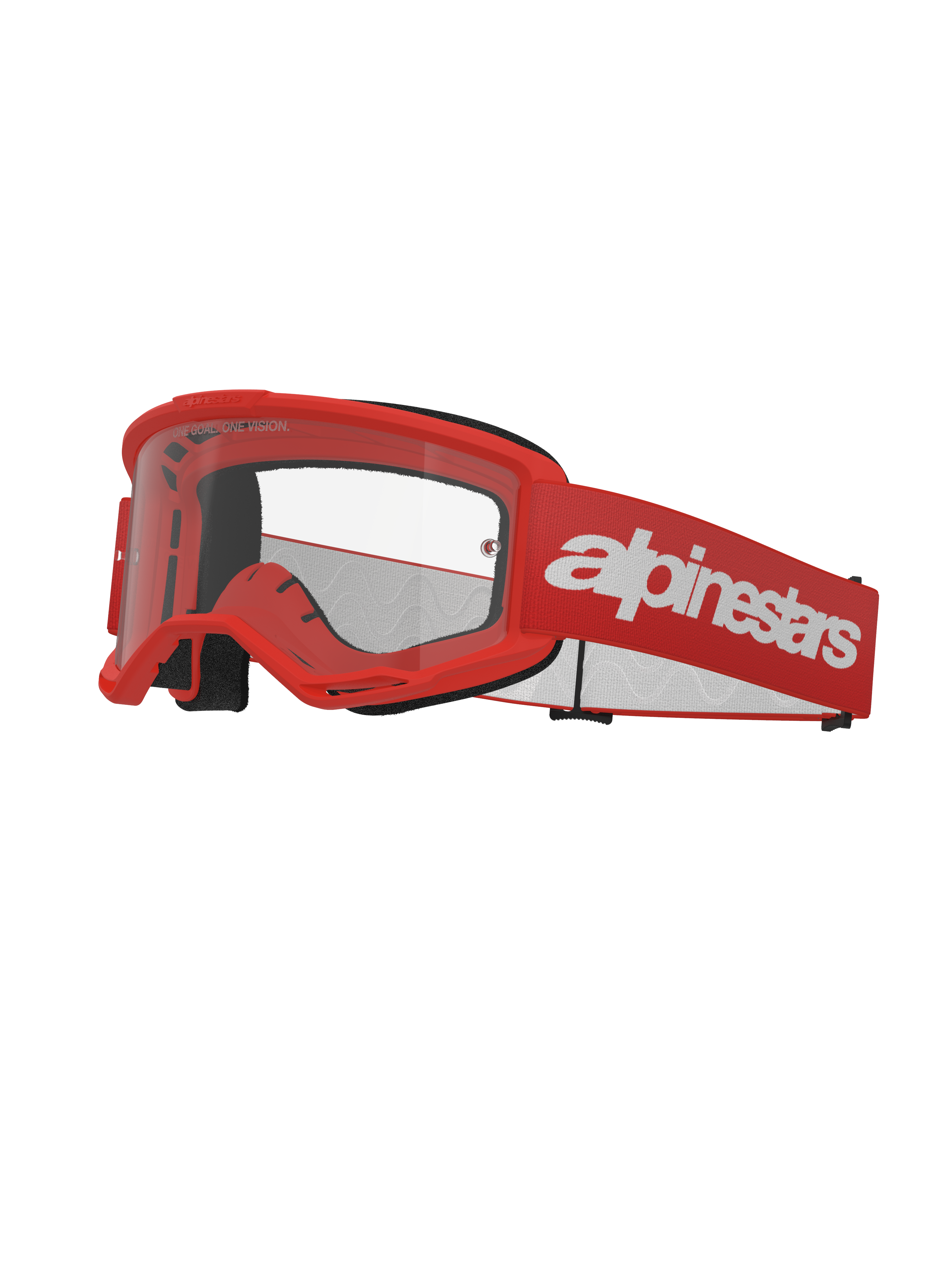 Alpinestars Vision 3 Wordmark Schutzbrille, Motocross-Brille, Rot und Weiß, klare Gläser, mit breitem rotem Band und auffälligem weißen Logo-Schriftzug, schwarzer Schaumstoffpolsterung und belüftetem A-FLEX-Rahmen für den Offroad-Rennsport.