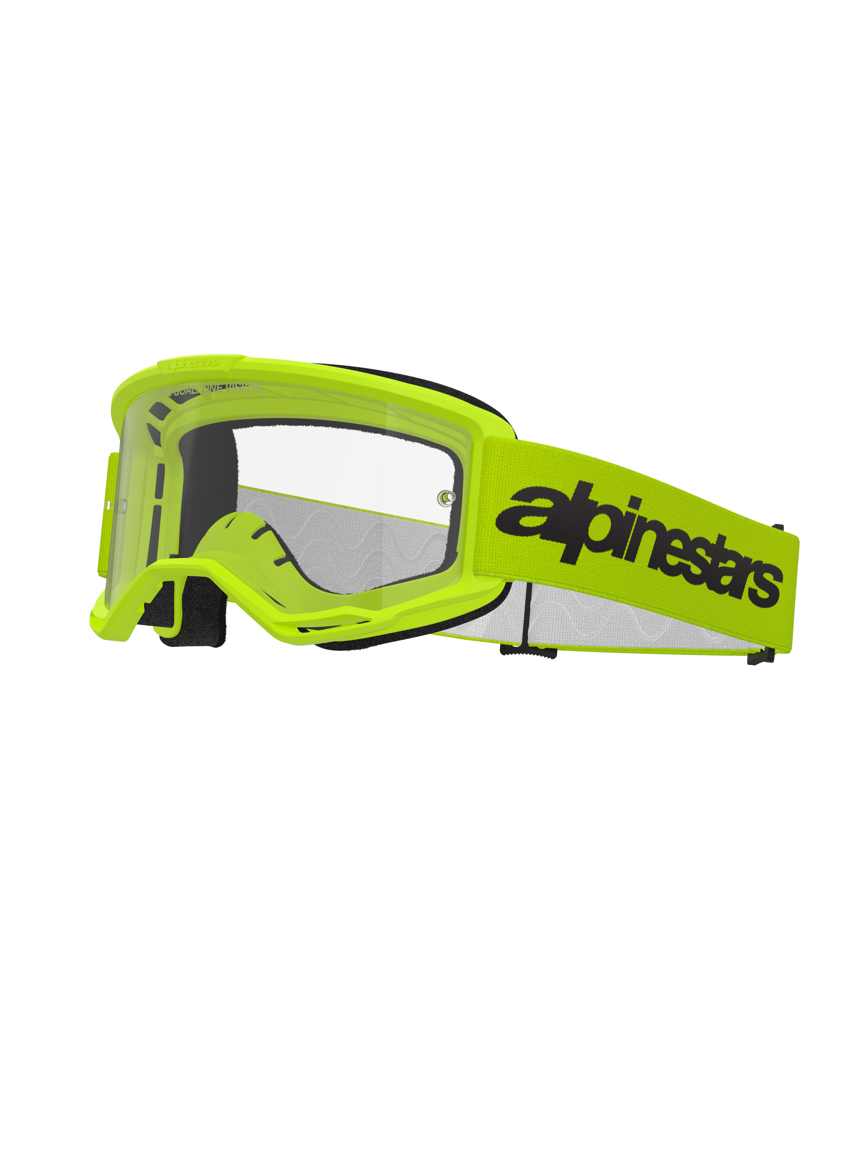 Alpinestars Vision 3 Wordmark Brille, Motocross-Brille, Fluorgelb und Schwarz, klare Linse, breites gelbes Band mit markantem schwarzem Wortmarken-Logo, schwarze Schaumstoffpolsterung, Offroad-Rennsportbrille