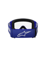 Alpinestars Vision 3 Wordmark Brille, Motocross-Brille, Blau und Transparent, Rückansicht mit breitem blauen Band und weißem A-Star-Logo, schwarzer Schaumstoffpolsterung und klarer Linse, konzipiert für den Offroad-Rennsport