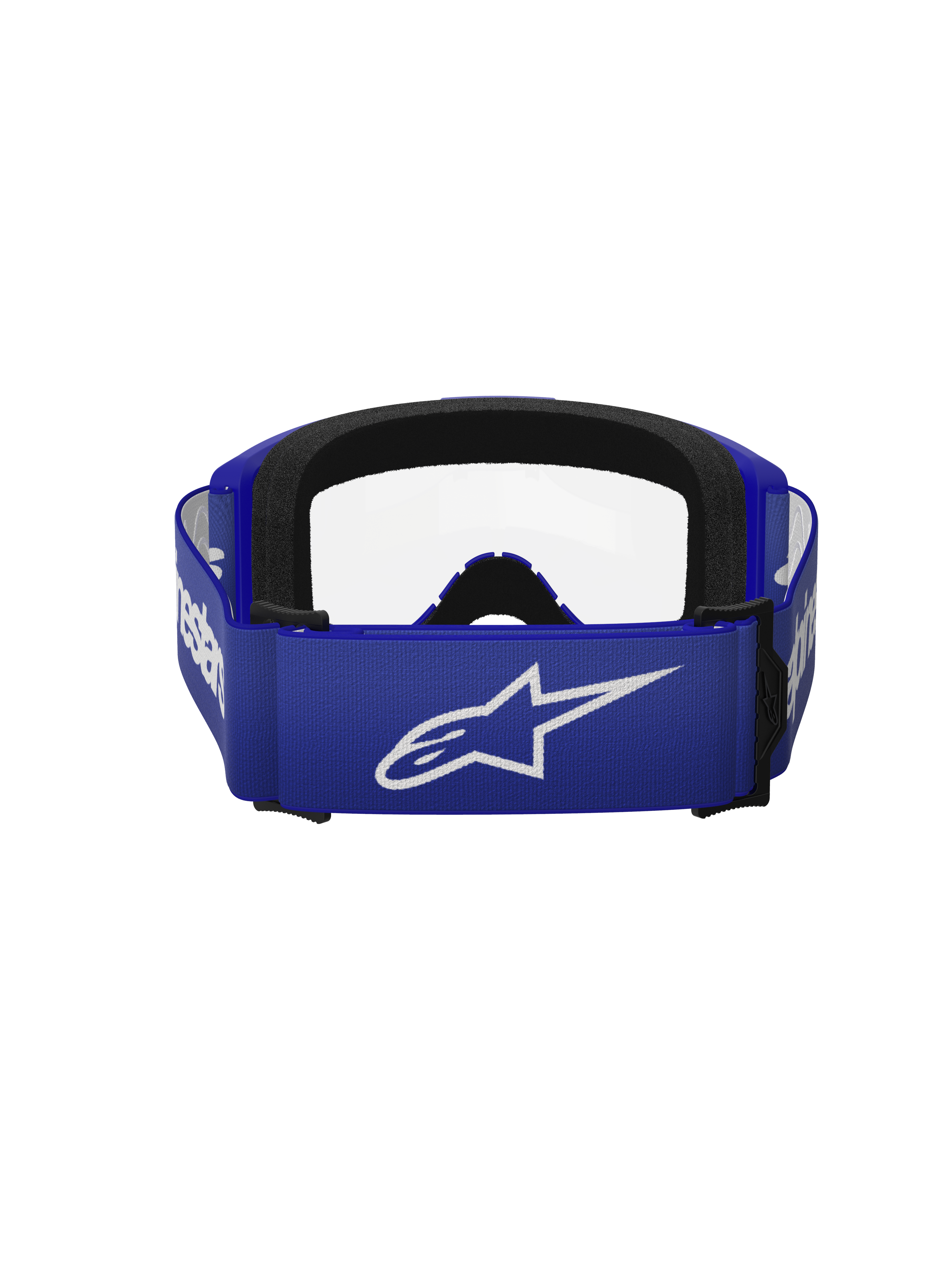 Alpinestars Vision 3 Wordmark Brille, Motocross-Brille, Blau und Transparent, Rückansicht mit breitem blauen Band und weißem A-Star-Logo, schwarzer Schaumstoffpolsterung und klarer Linse, konzipiert für den Offroad-Rennsport