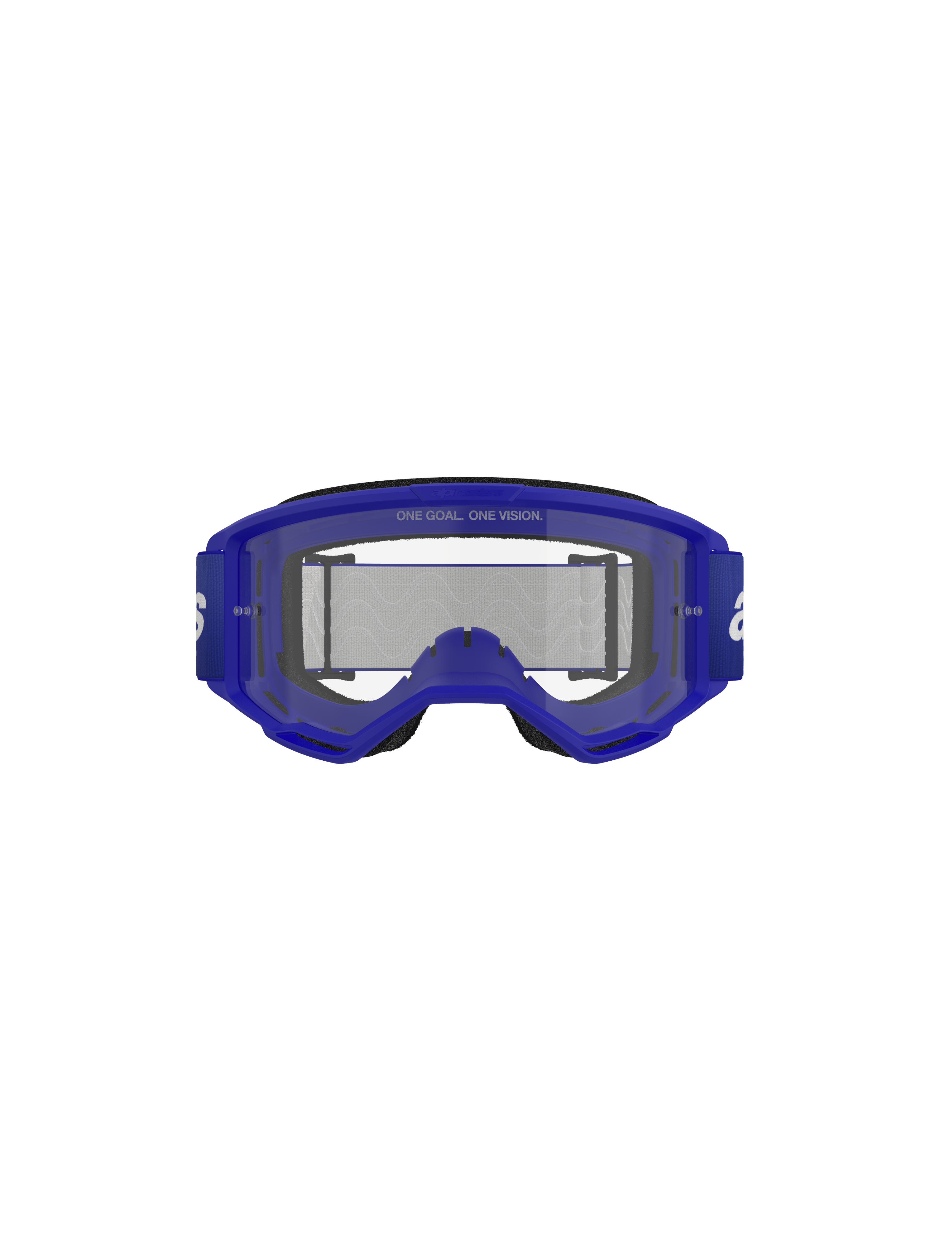 Alpinestars Vision 3 Wordmark Brille, Motocross-Brille, Blau/Klar, Vorderansicht mit blauem A-FLEX-Rahmen und klarer Anti-Beschlag-Sichtscheibe mit „ONE GOAL. ONE VISION.“ Schriftzug, breites blaues Band mit weißem Branding