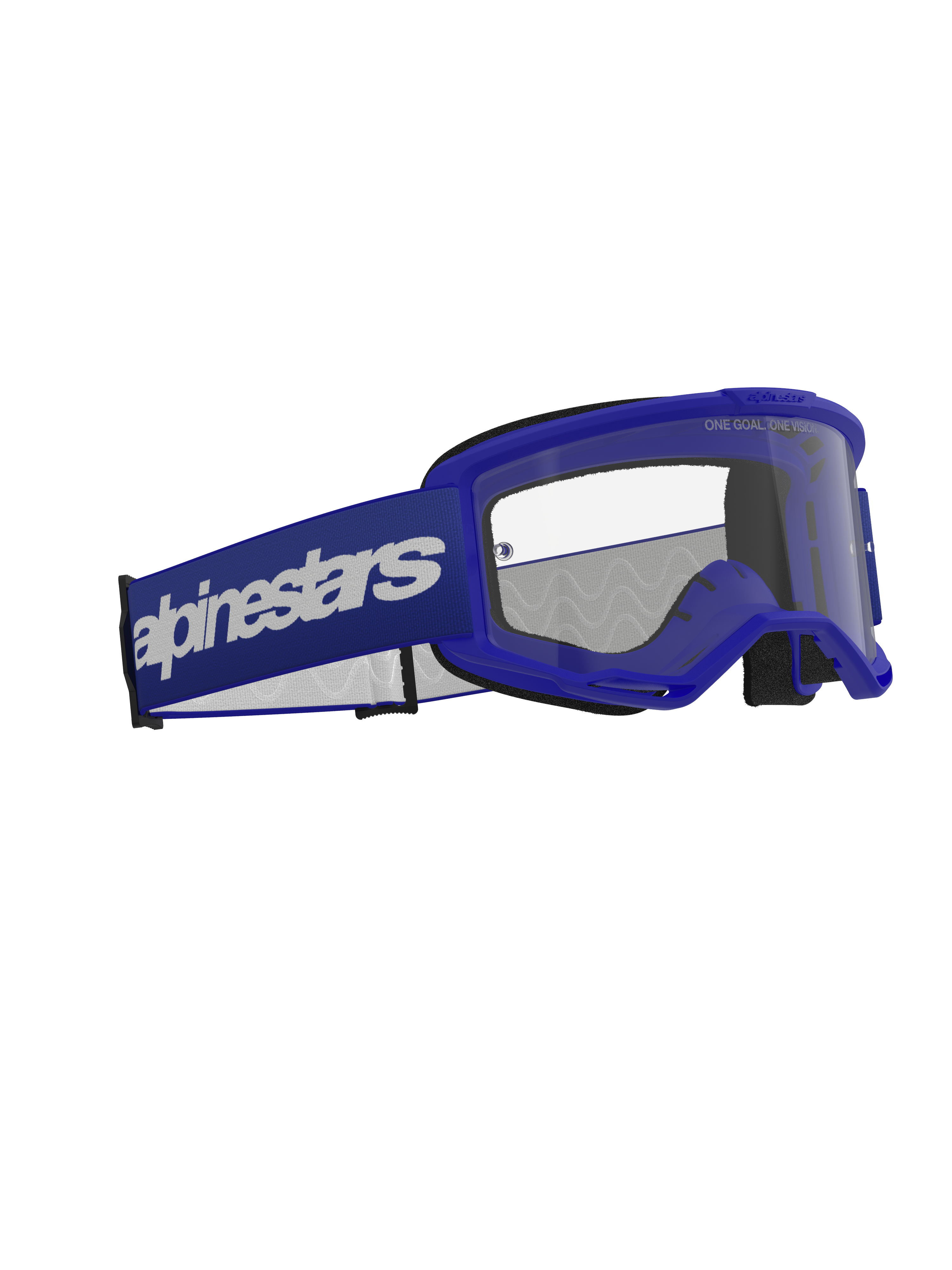 Alpinestars Vision 3 Wordmark Brille, Motocross-Brille, Blau und Klar, mit blauem A-FLEX-Rahmen, klarer Anti-Beschlag-Polycarbonatlinse und breitem dunkelblauen Band mit weißem Alpinestars Wordmark-Logo, strapazierfähiger Offroad-Augenschutz