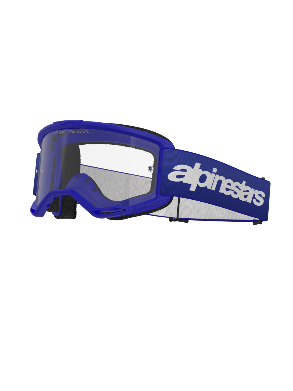 Alpinestars Vision 3 Wordmark Goggles, Motocross-Brille, Blau und Weiß, klares Glas, schwarze Schaumstoffpolsterung, verstellbares blaues elastisches Band mit weißem Wordmark-Logo, belüfteter Rahmen