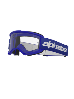 Alpinestars Vision 3 Wordmark Goggles, Motocross-Brille, Blau und Weiß, klares Glas, schwarze Schaumstoffpolsterung, verstellbares blaues elastisches Band mit weißem Wordmark-Logo, belüfteter Rahmen