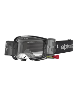 Alpinestars Vision 8 Amber Roll Off Goggles, motocross eyewear in black and silver with a clear roll-off lens system.