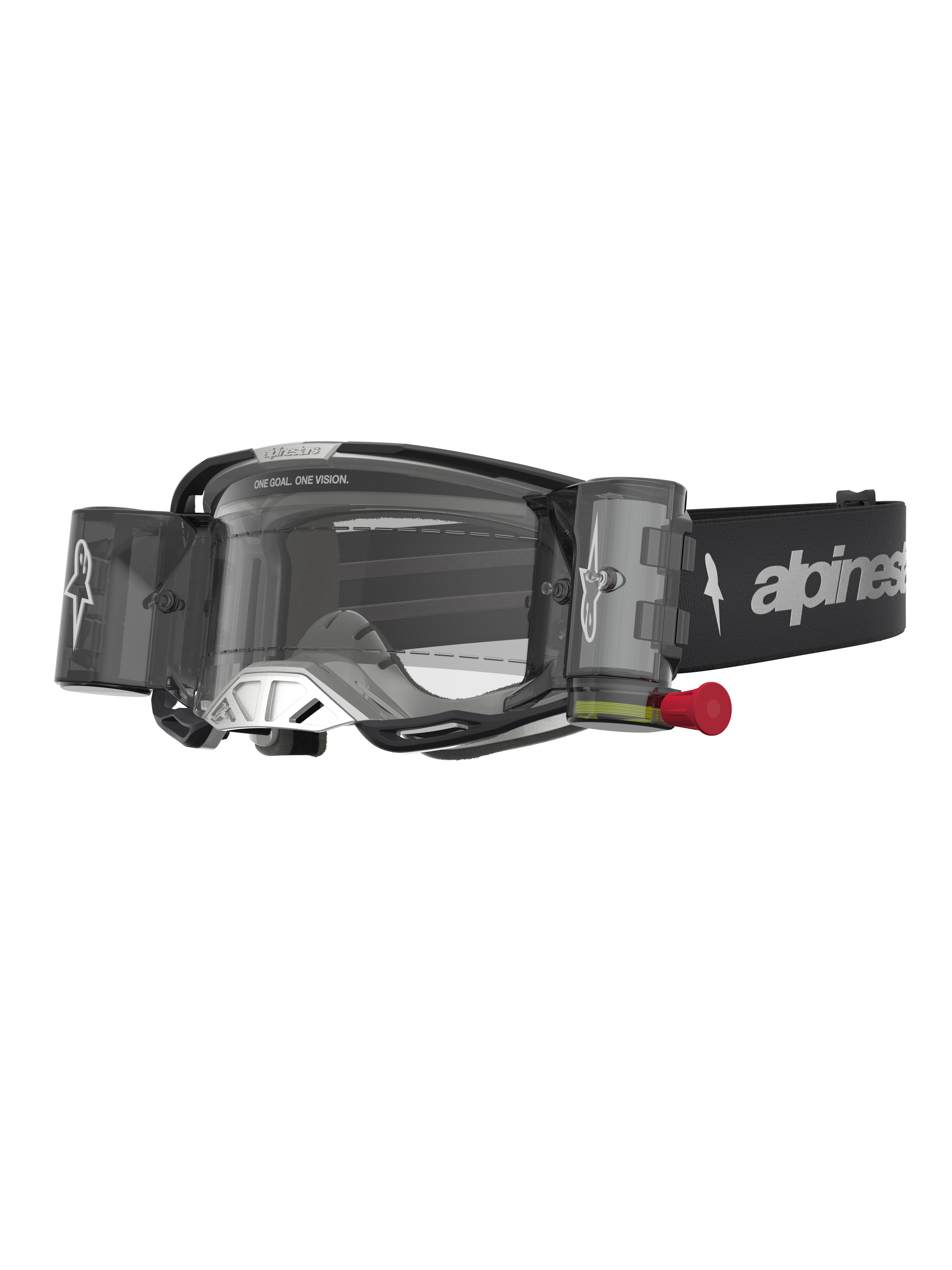 Alpinestars Masque Vision 8 Amber Roll Off, masque de motocross noir et argenté avec système roll-off et lentille claire