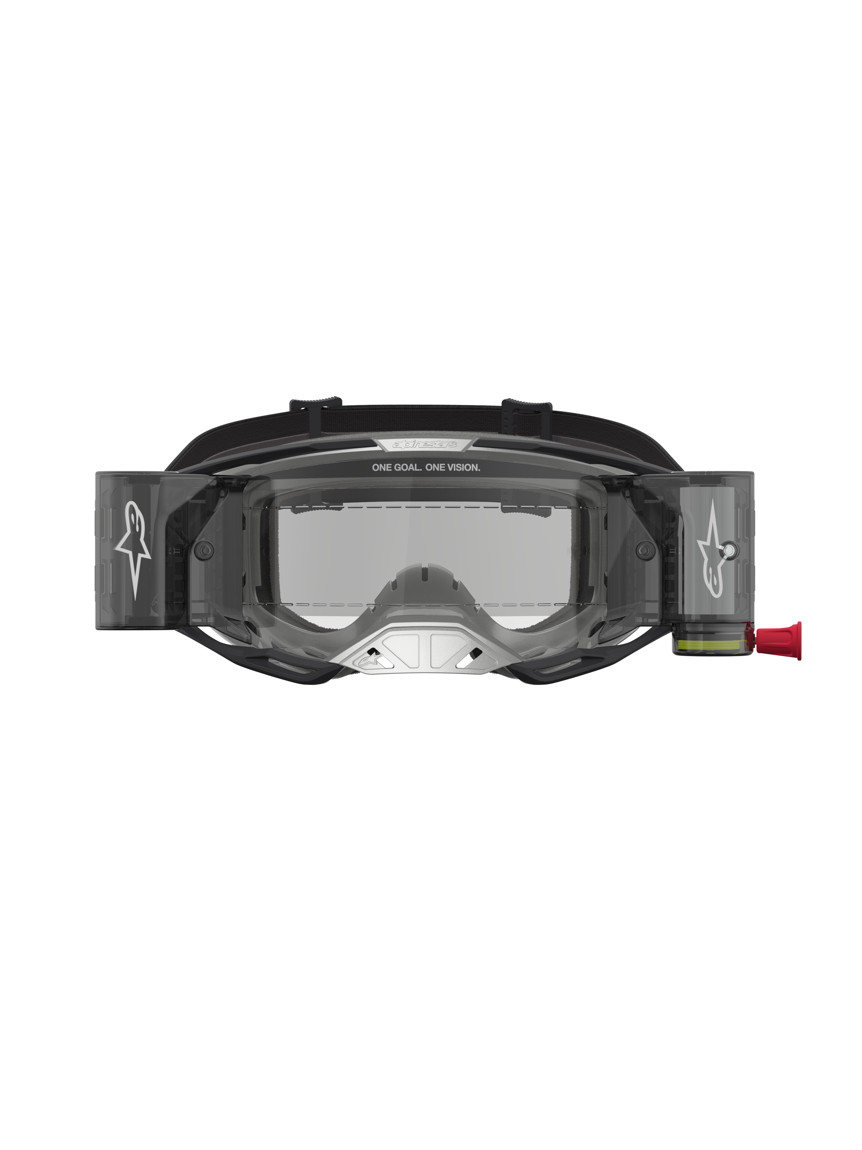 Alpinestars Vision 8 Amber Roll-Off Schutzbrille, Motocross-Brille in Schwarz und Silber, integriertes Roll-Off-System und klare Scheibe.