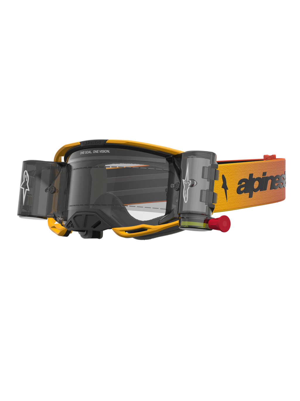 Alpinestars Vision 8 Amber Roll Off veiligheidsbril voor motocross, geel en zwart met roll-off systeem en heldere lens.