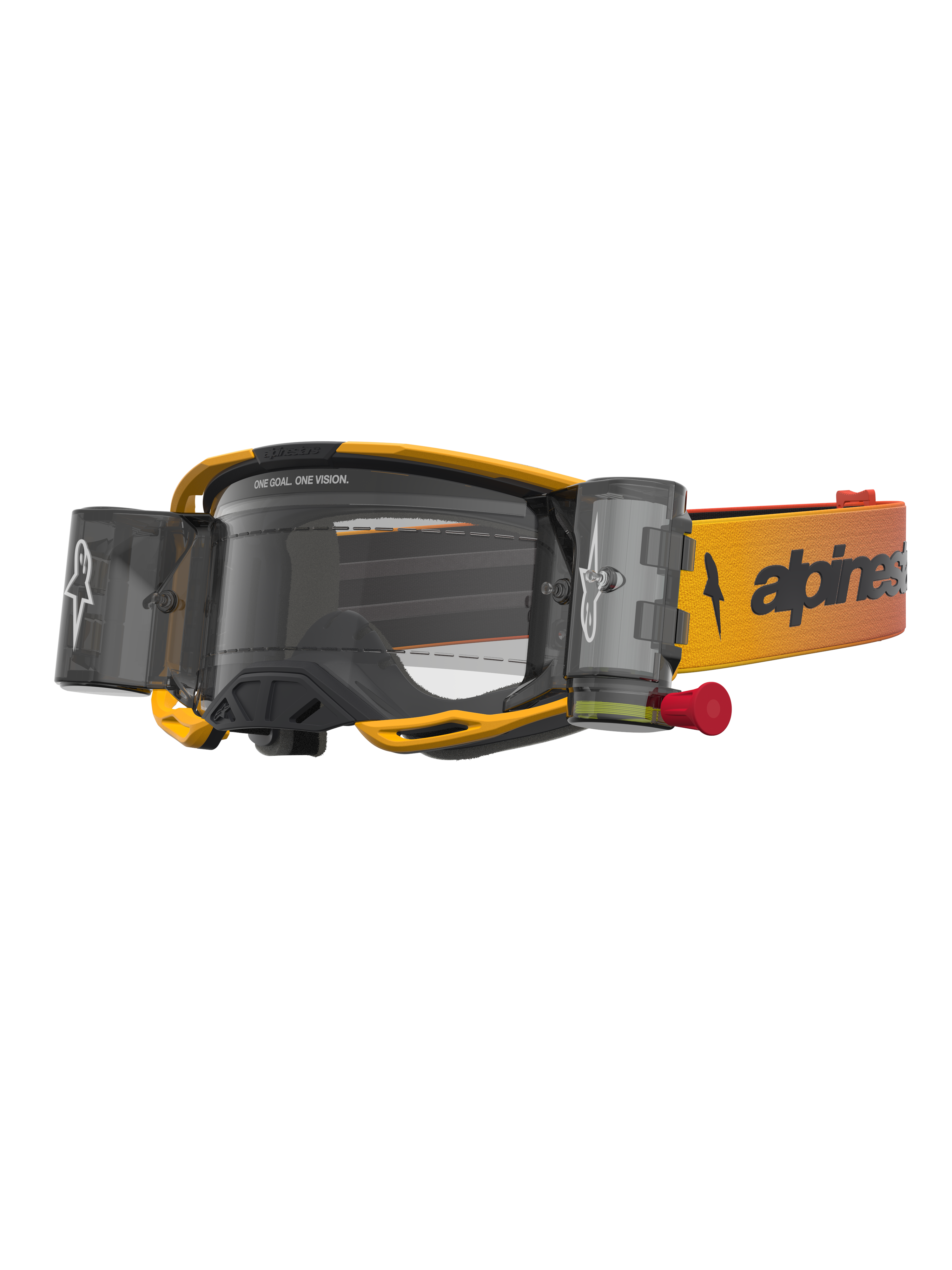 Alpinestars Masque Vision 8 Amber Roll Off, masque de motocross jaune et noir avec système roll-off et lentille transparente.