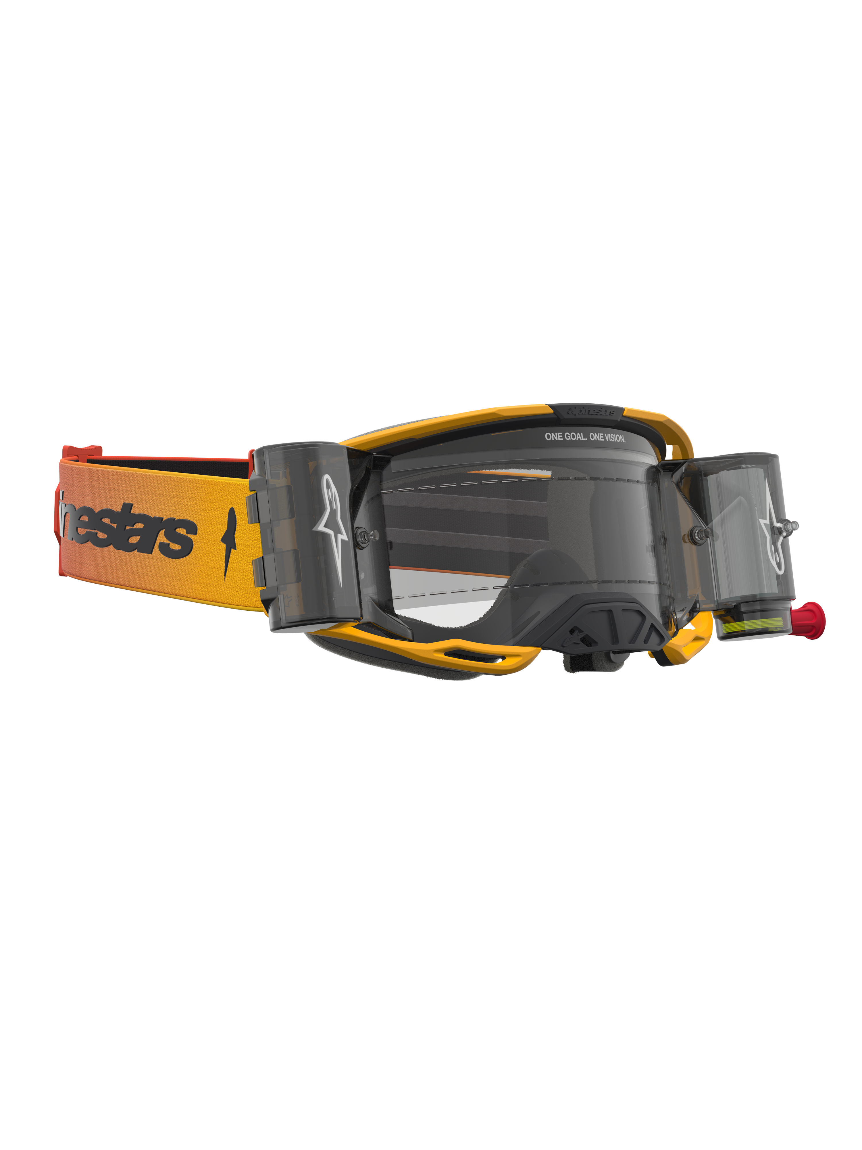 Alpinestars Vision 8 Amber Roll Off veiligheidsbril, geel en zwarte motocrossbril met heldere lens en roll-off systeem.