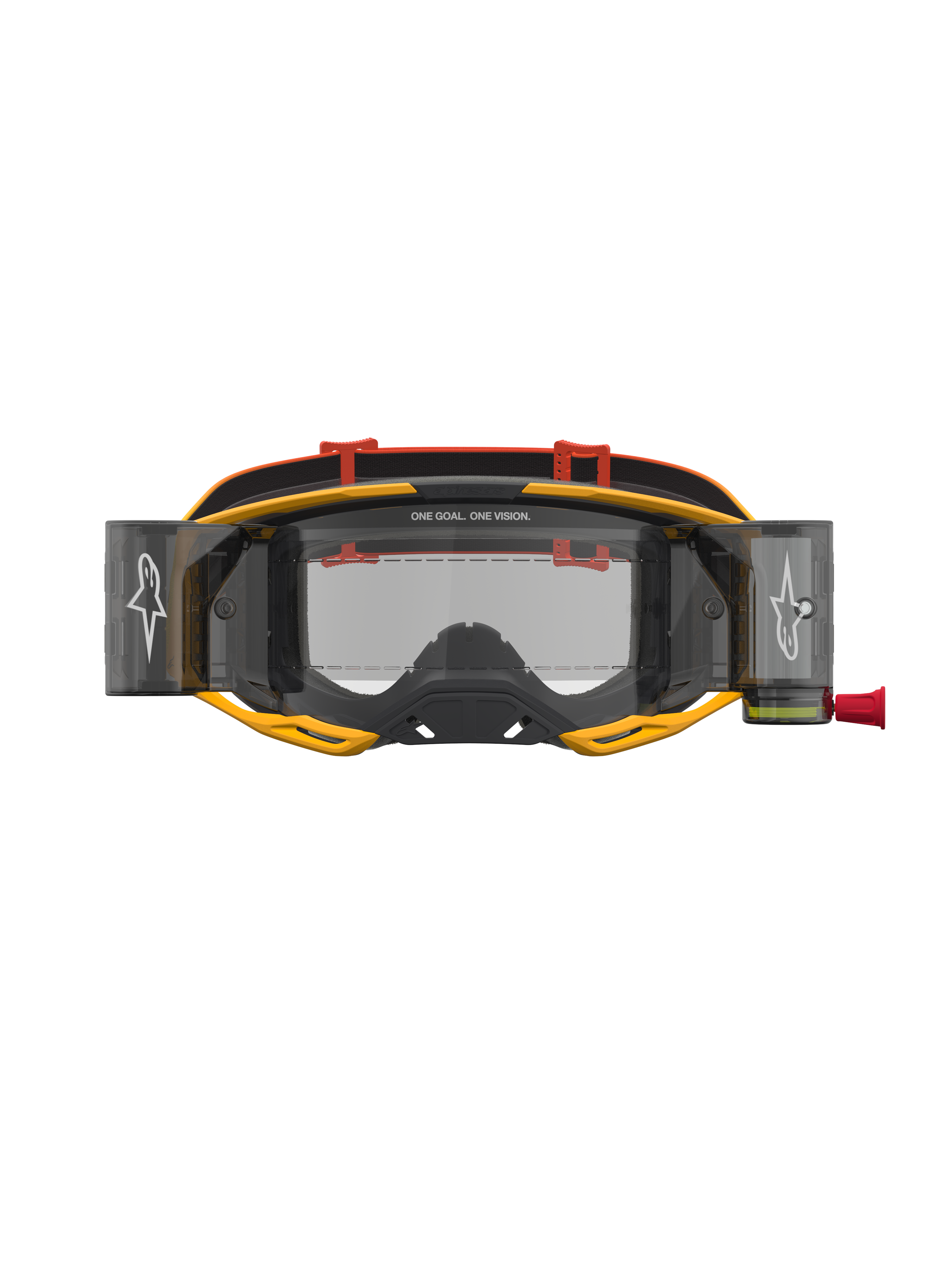 Alpinestars Vision 8 Amber Roll Off veiligheidsbril, motocrossbril voor off-road racing, geel, rood en zwart, heldere lens met geïntegreerd roll-off systeem.