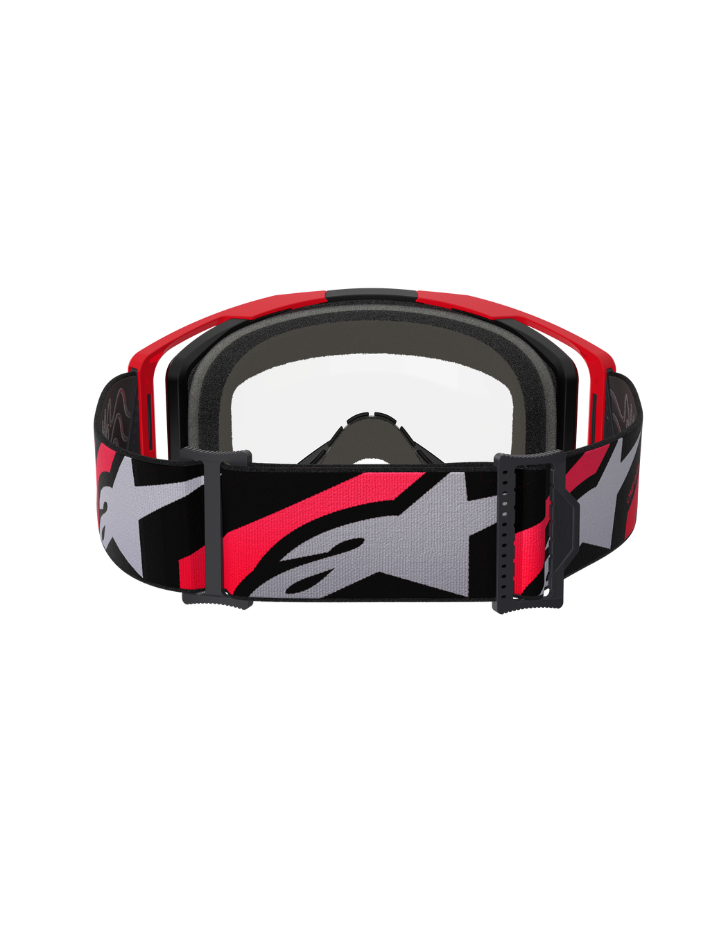 Lunettes Alpinestars Vision 8 Luar, lunettes de motocross, rouge, noir et transparent, vue arrière avec large sangle tissée et logo étoile, mousse faciale multicouche et monture légère A-FLEX