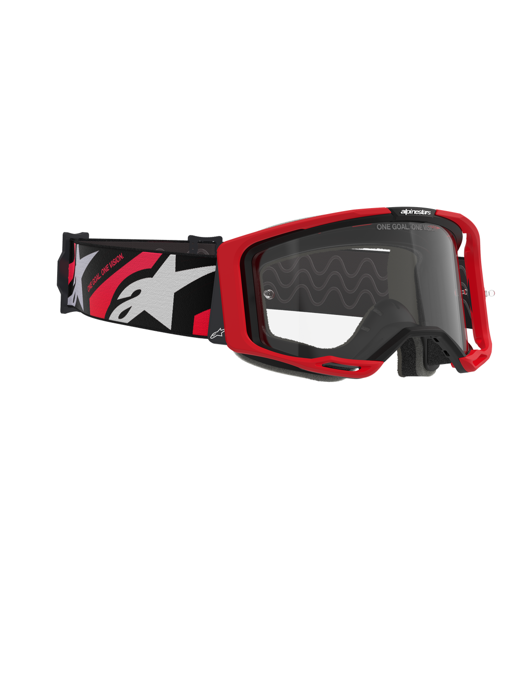 Masque Alpinestars Vision 8 Luar, masque de motocross, rouge, noir et transparent, avec une monture rouge, un écran transparent antibuée et un bandeau noir avec des logos blancs et rouges, protection oculaire professionnelle pour la course tout-terrain