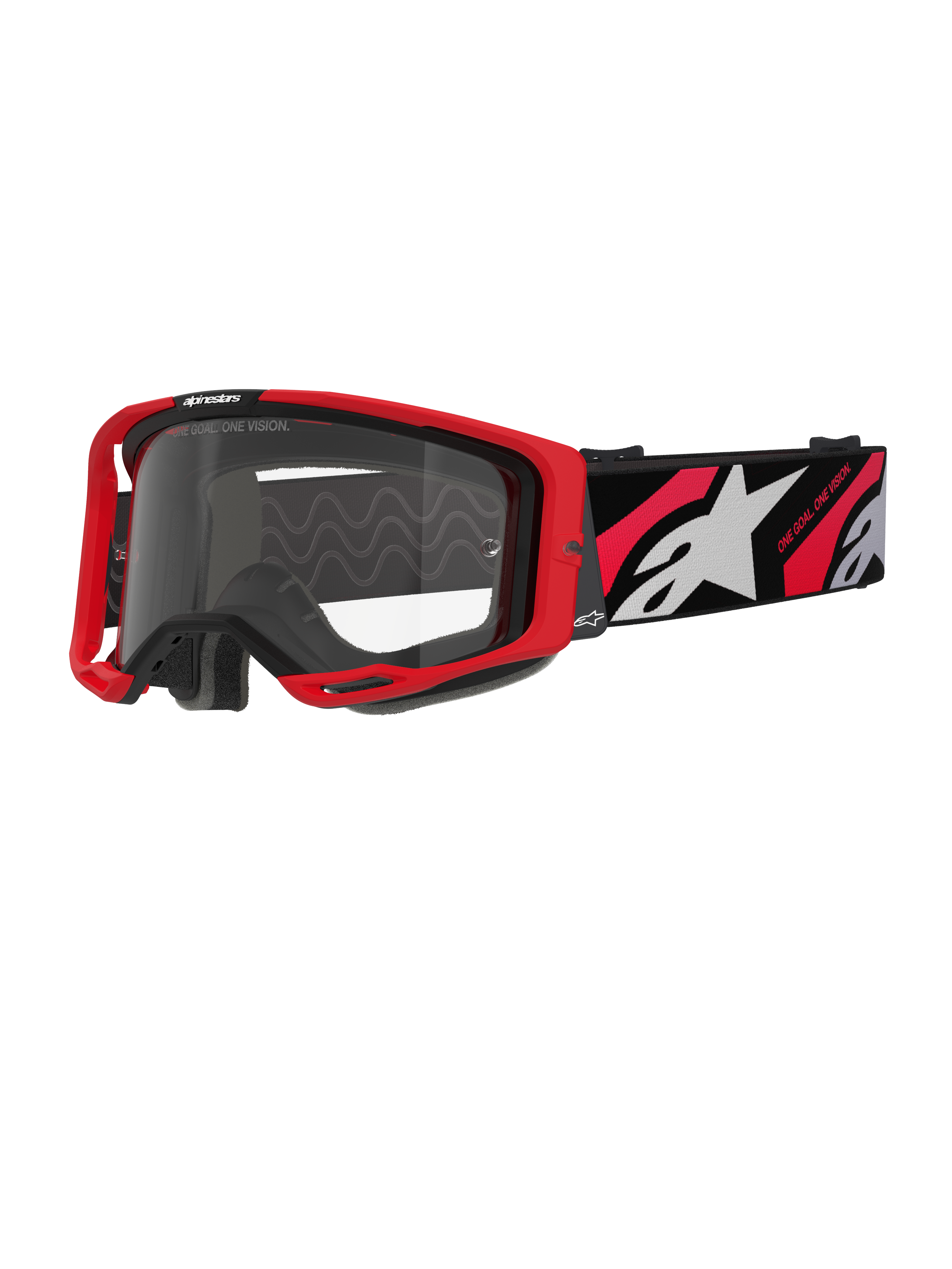 Masque de motocross Alpinestars Vision 8 Luar, rouge et noir avec écran clair, doté d'une monture A-FLEX rouge, d'un écran clair antibuée et d'un bandeau tissé noir avec des graphismes rouges et blancs et le logo Alpinestars.