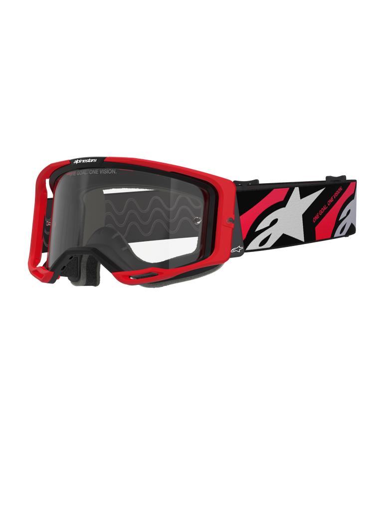 Alpinestars Vision 8 Luar Goggles, Motocross-Brille, Rot und Schwarz mit klarer Linse, mit rotem A-FLEX-Rahmen, klarer Anti-Beschlag-Linse und schwarzem gewebtem Band mit rot-weißen Grafiken und Alpinestars-Branding