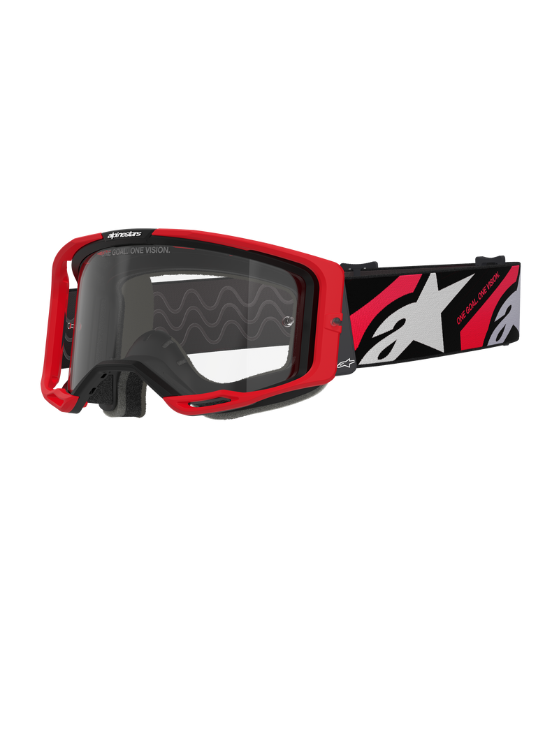 Alpinestars Vision 8 Luar Goggles, Motocross-Brille, Rot und Schwarz mit klarer Linse, mit rotem A-FLEX-Rahmen, klarer Anti-Beschlag-Linse und schwarzem gewebtem Band mit rot-weißen Grafiken und Alpinestars-Branding