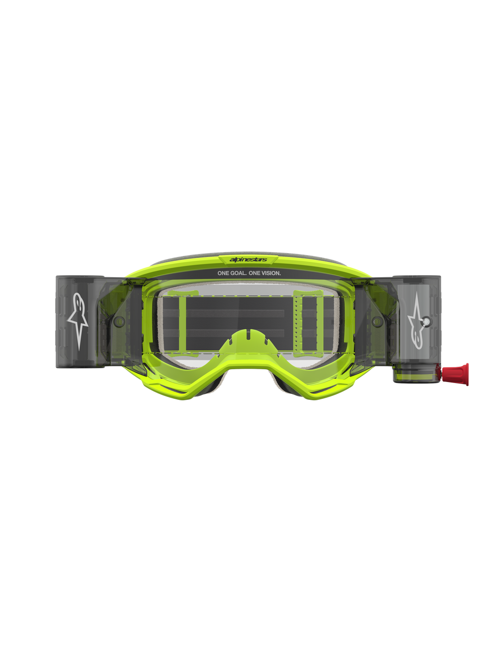 Alpinestars Vision 5 Rora Roll Off veiligheidsbril voor motorcross, geel fluo en zwart, met roll-off systeem en heldere lens.