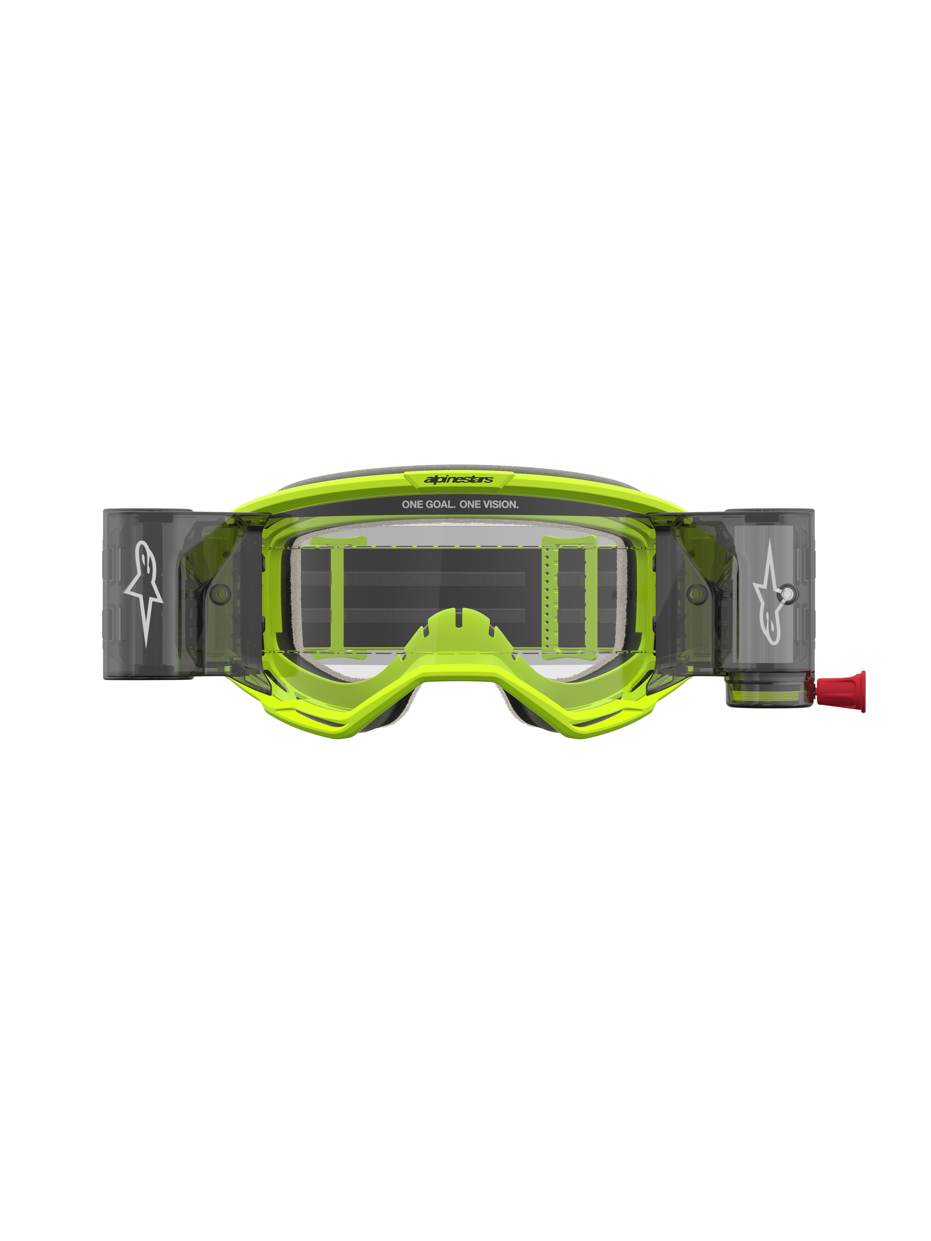 Alpinestars Vision 5 Rora Roll Off veiligheidsbril voor motorcross, geel fluo en zwart, met roll-off systeem en heldere lens.