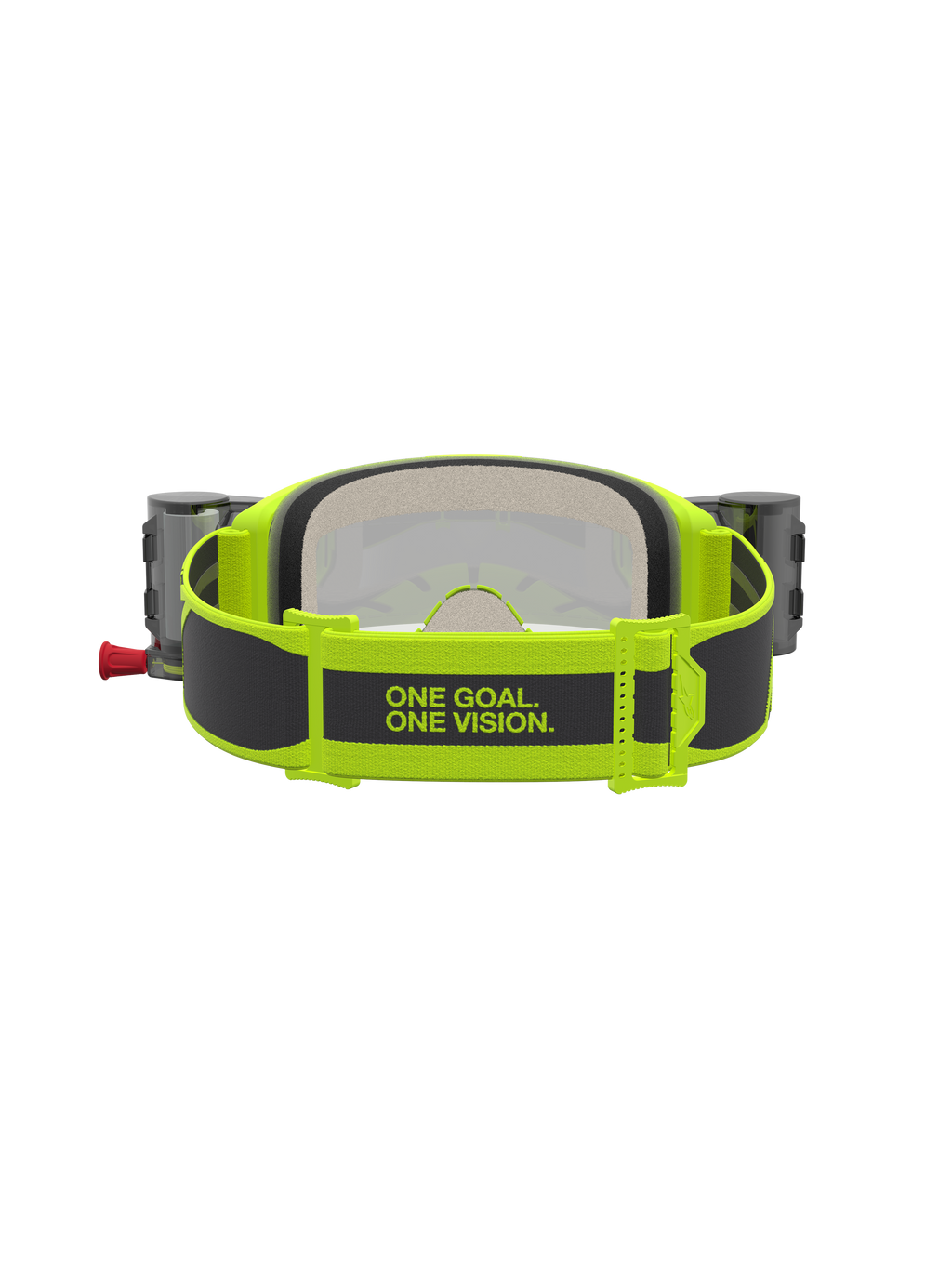 Alpinestars Vision 5 Rora Roll Off veiligheidsbril in geel fluo en zwart met roll-off systeem en slogan op de band.