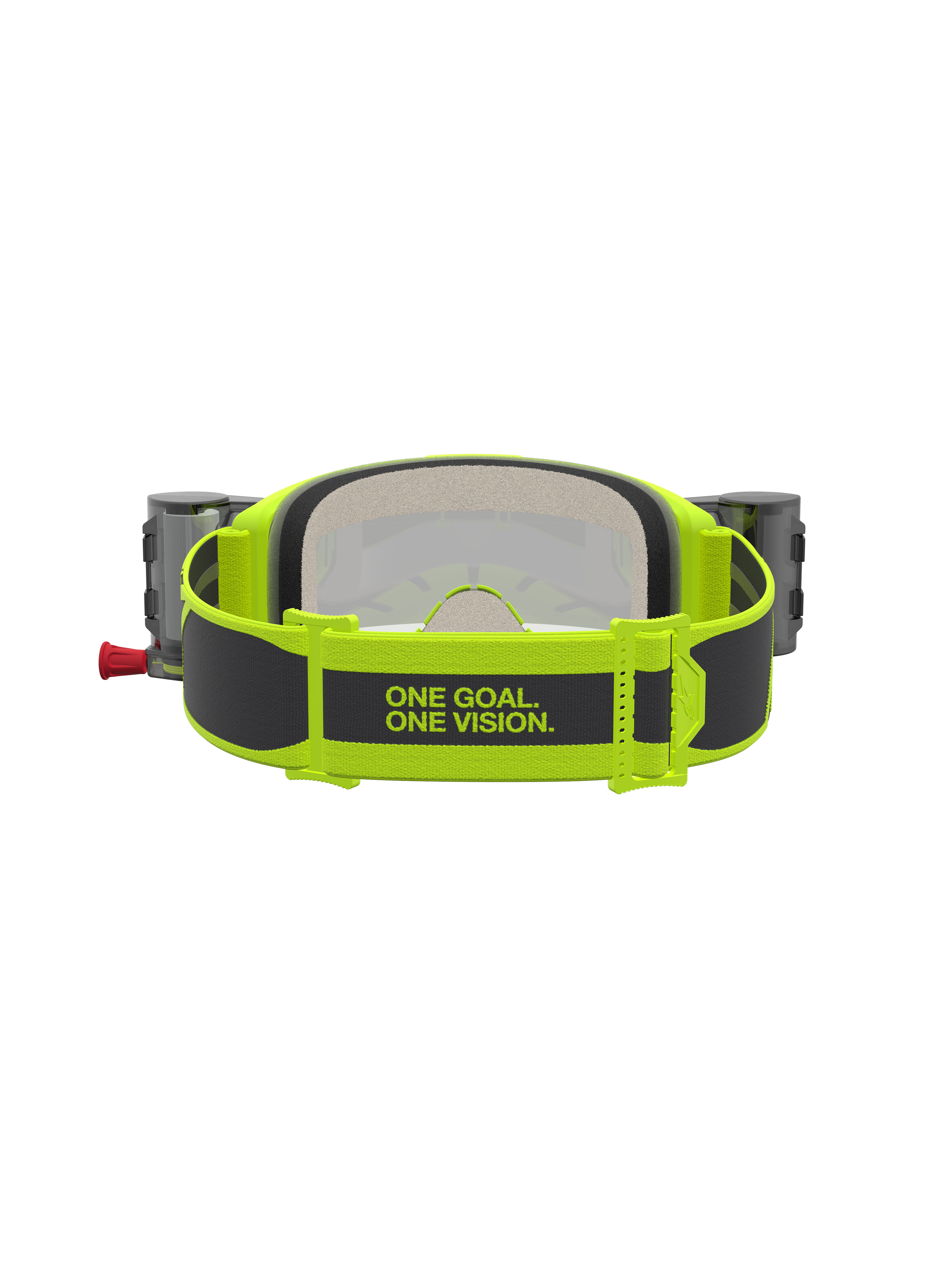 Alpinestars Vision 5 Rora Roll Off veiligheidsbril in geel fluo en zwart met roll-off systeem en slogan op de band.