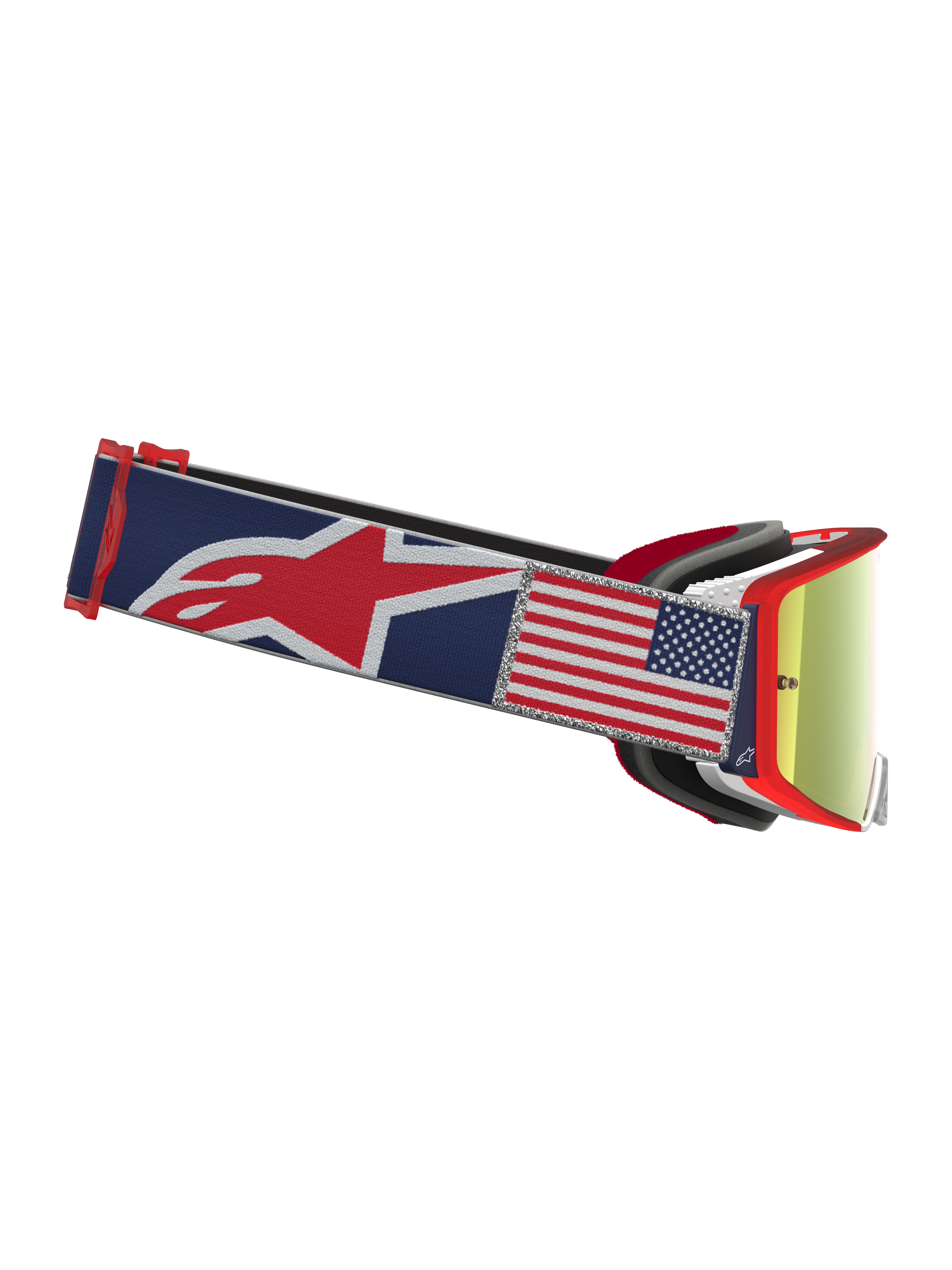Alpinestars Supertech LE Fiftyfold, masque de motocross bleu et rouge, lentille miroir rouge et patch drapeau USA