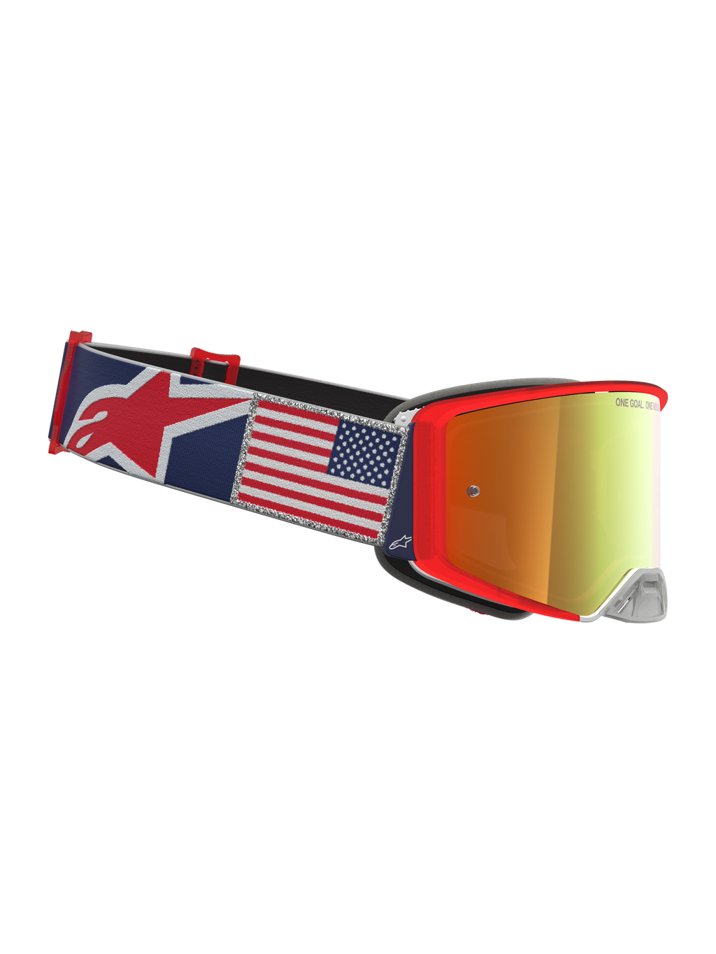 Alpinestars Supertech Fiftyfold, masque de motocross bleu et rouge avec sangle au motif de drapeau américain.