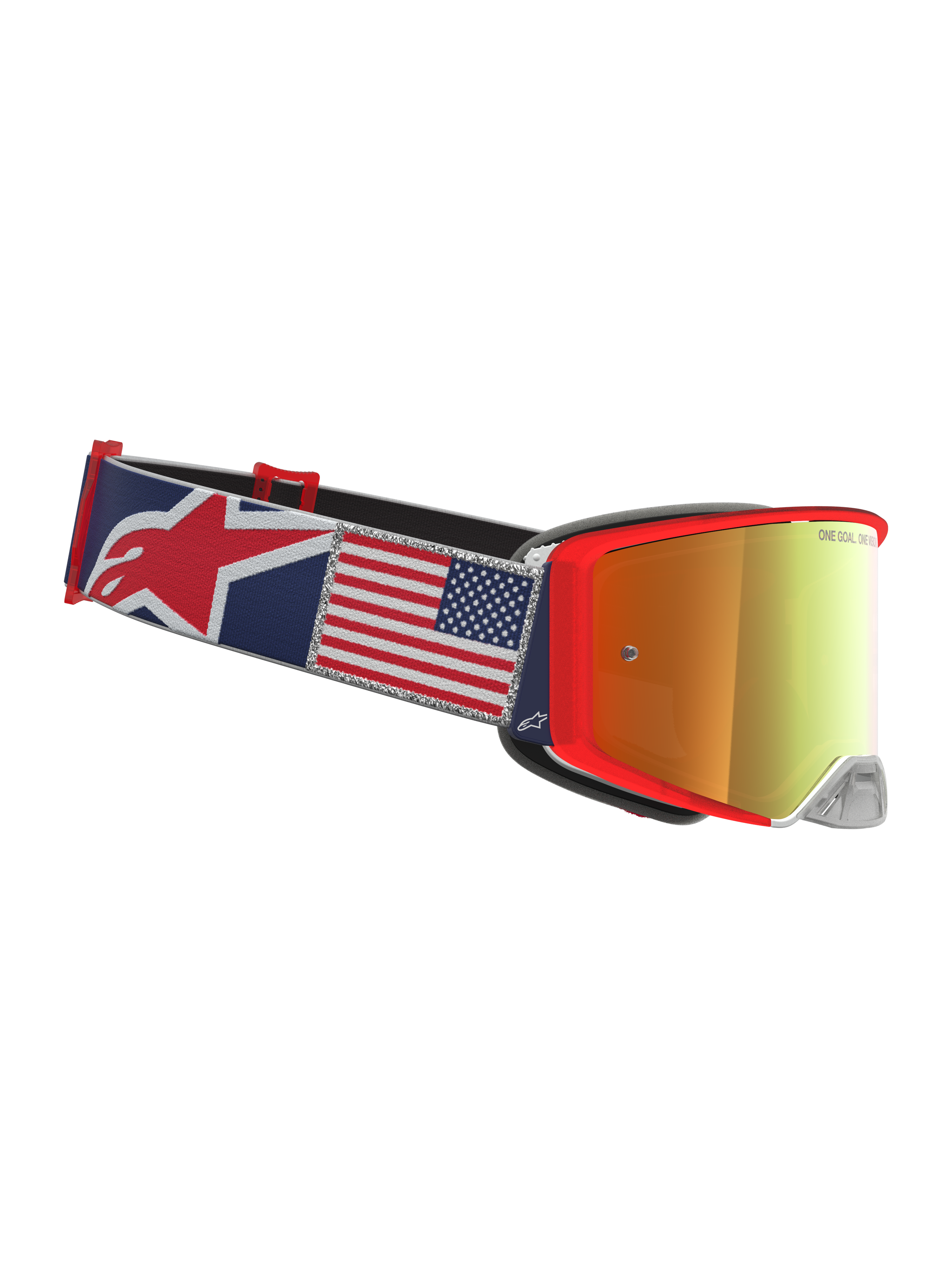 Alpinestars Supertech Fiftyfold, masque de motocross bleu et rouge avec sangle au motif de drapeau américain.