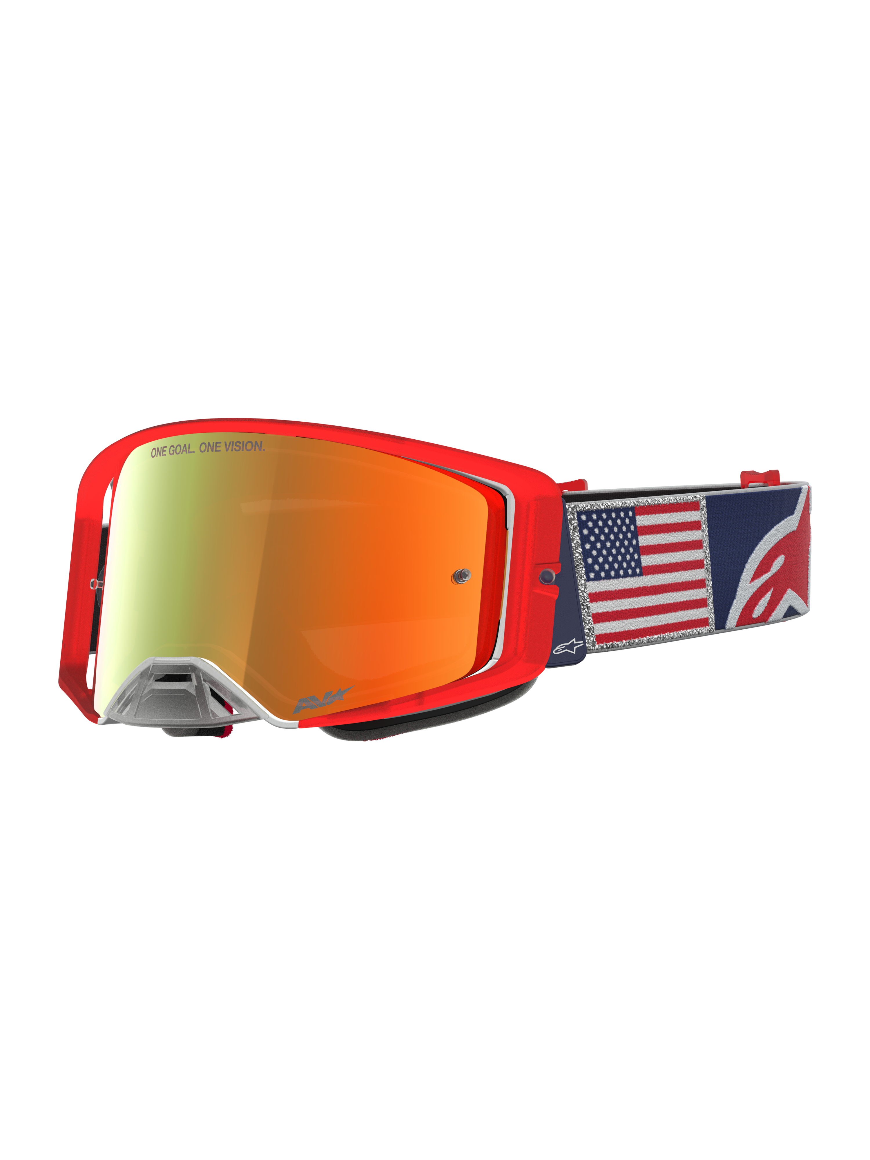 Masque Alpinestars Supertech Fiftyfold Goggles, masque de motocross édition limitée, rouge et bleu, écran miroir et sangle drapeau américain