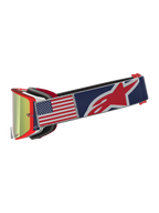 Alpinestars Supertech Fiftyfold, masque de motocross édition limitée, monture rouge, sangle bleue avec drapeau américain et écran miroir.