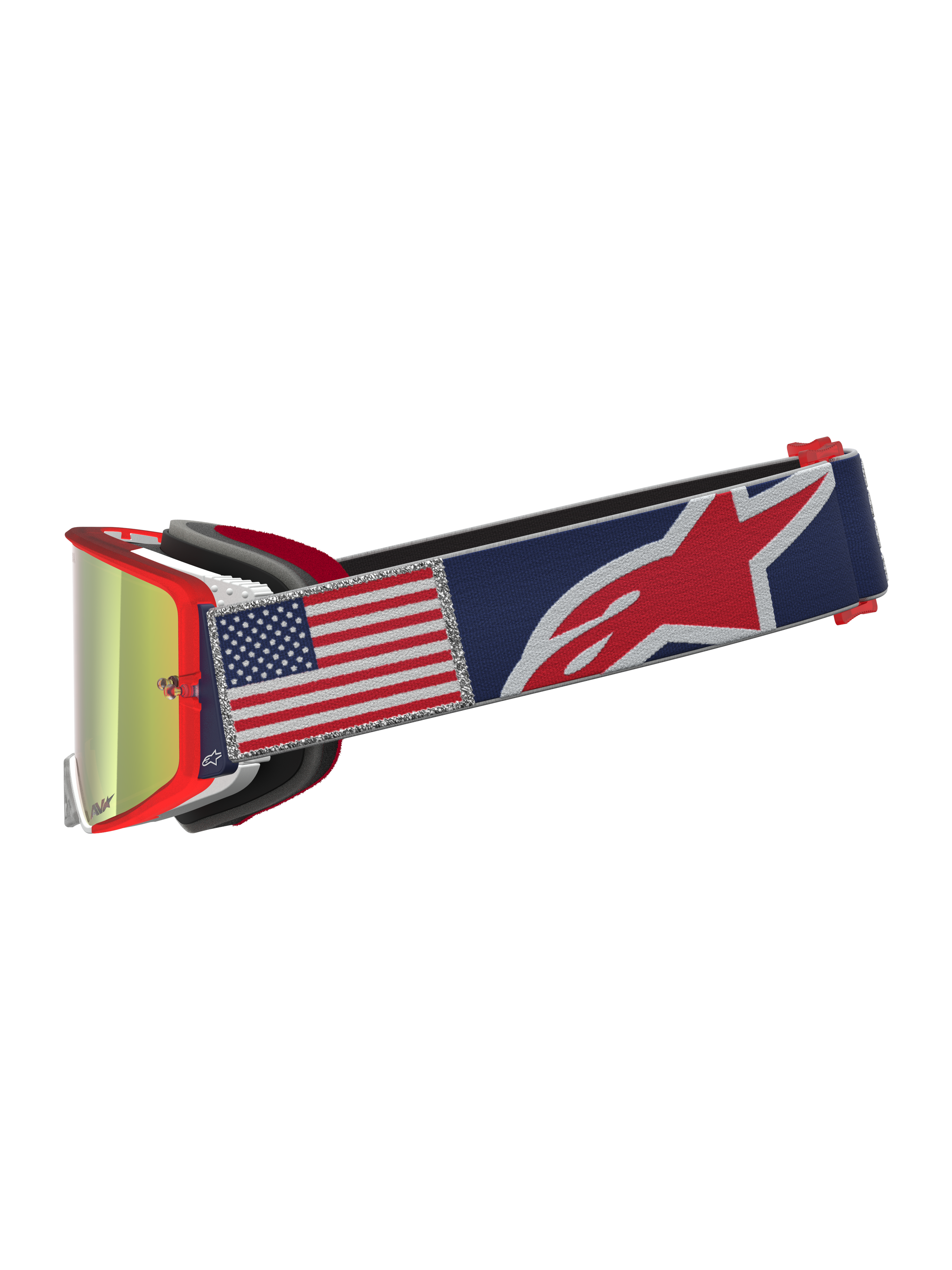 Alpinestars Supertech Fiftyfold, masque de motocross édition limitée, monture rouge, sangle bleue avec drapeau américain et écran miroir.