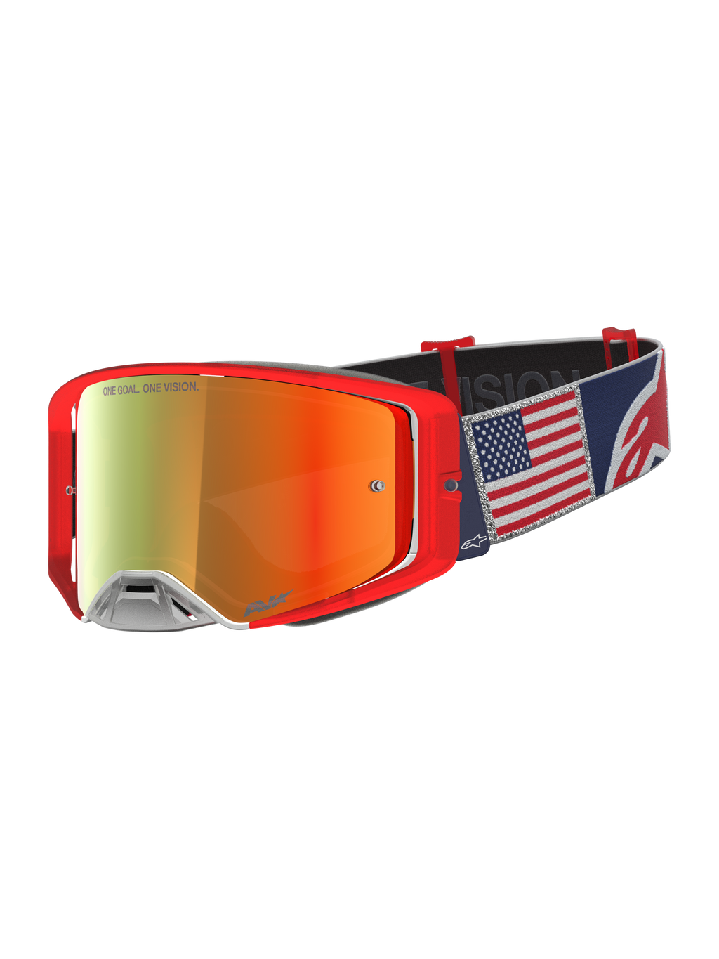 Alpinestars Supertech LE Fiftyfold, masque de motocross rouge et bleu, lentille miroir rouge et sangle avec drapeau américain