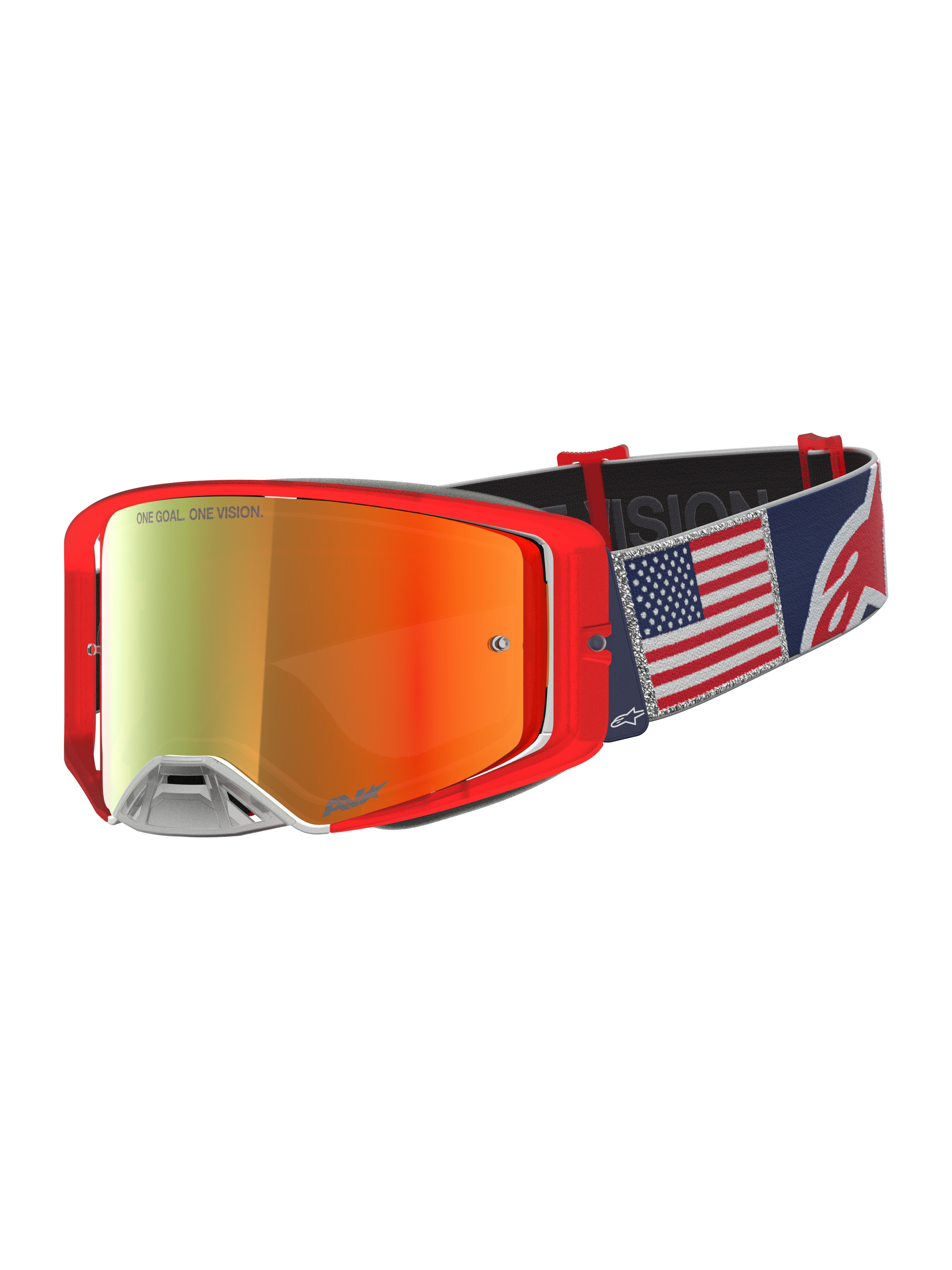 Alpinestars Supertech LE Fiftyfold, masque de motocross rouge et bleu, lentille miroir rouge et sangle avec drapeau américain