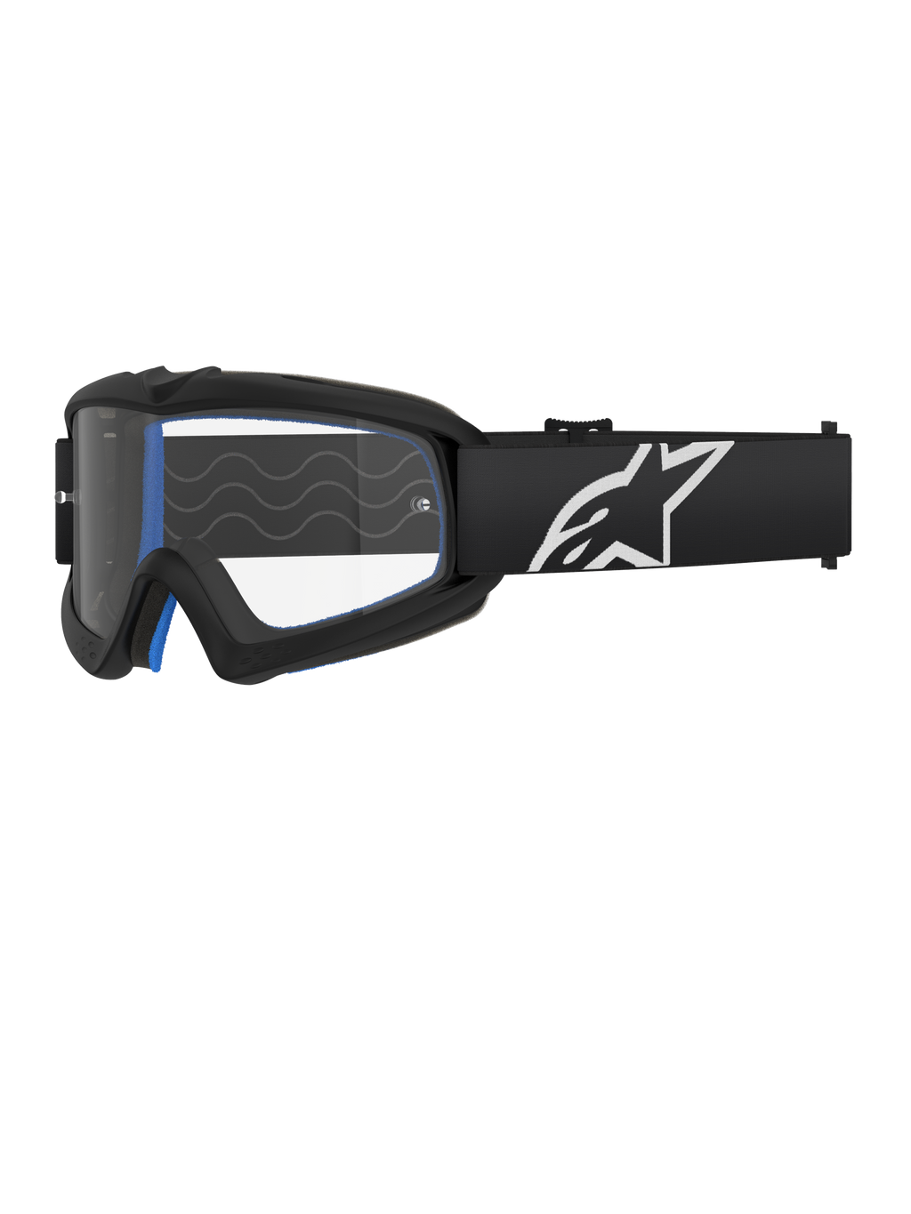Alpinestars Vision Youth Corp Goggles, jeugd motorcrossbril, zwart met blauwe padding, heldere lens met golfpatroon, zwarte band met wit sterlogo, strak modern ontwerp