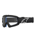 Alpinestars Vision Youth Corp Goggles, jeugd motorcrossbril, zwart met blauwe padding, heldere lens met golfpatroon, zwarte band met wit sterlogo, strak modern ontwerp