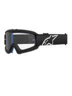 Alpinestars Vision Youth Corp Goggles, jeugd motorcrossbril, zwart met blauwe padding, heldere lens met golfpatroon, zwarte band met wit sterlogo, strak modern ontwerp