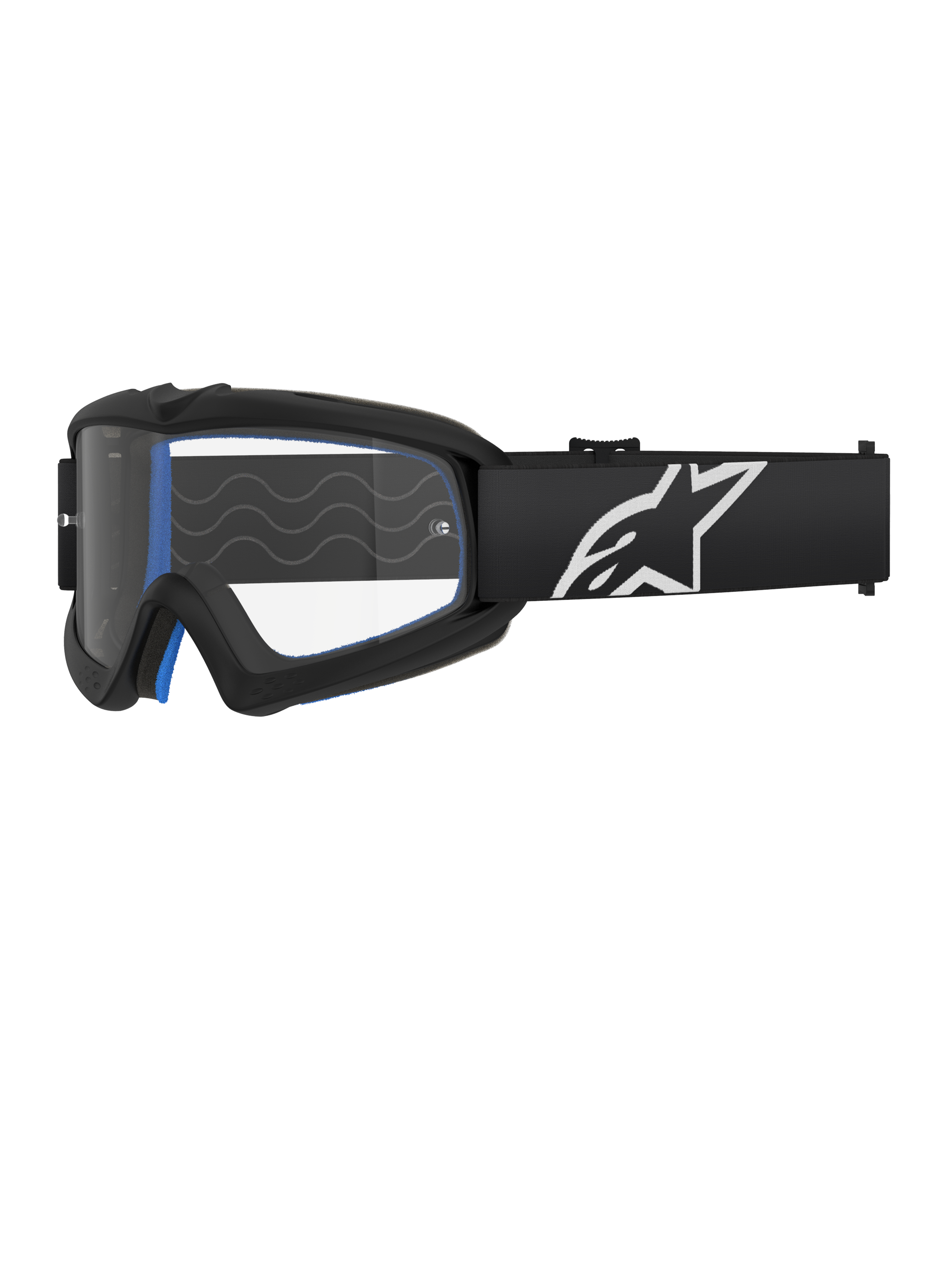 Alpinestars Vision Youth Corp Schutzbrille, Jugend-Motocross-Brille, Schwarz mit blauer Polsterung, klares Glas mit Wellenmuster, schwarzes Band mit weißem Stern-Logo, modernes Design
