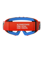 Alpinestars Vision Youth Corp Goggles, Motocross-Brille, Orange mit klarer Scheibe, Rückansicht mit orangefarbenem Band und weißem Alpinestars-Slogan, blauem Innenschaumstoff und klarer Polycarbonat-Scheibe