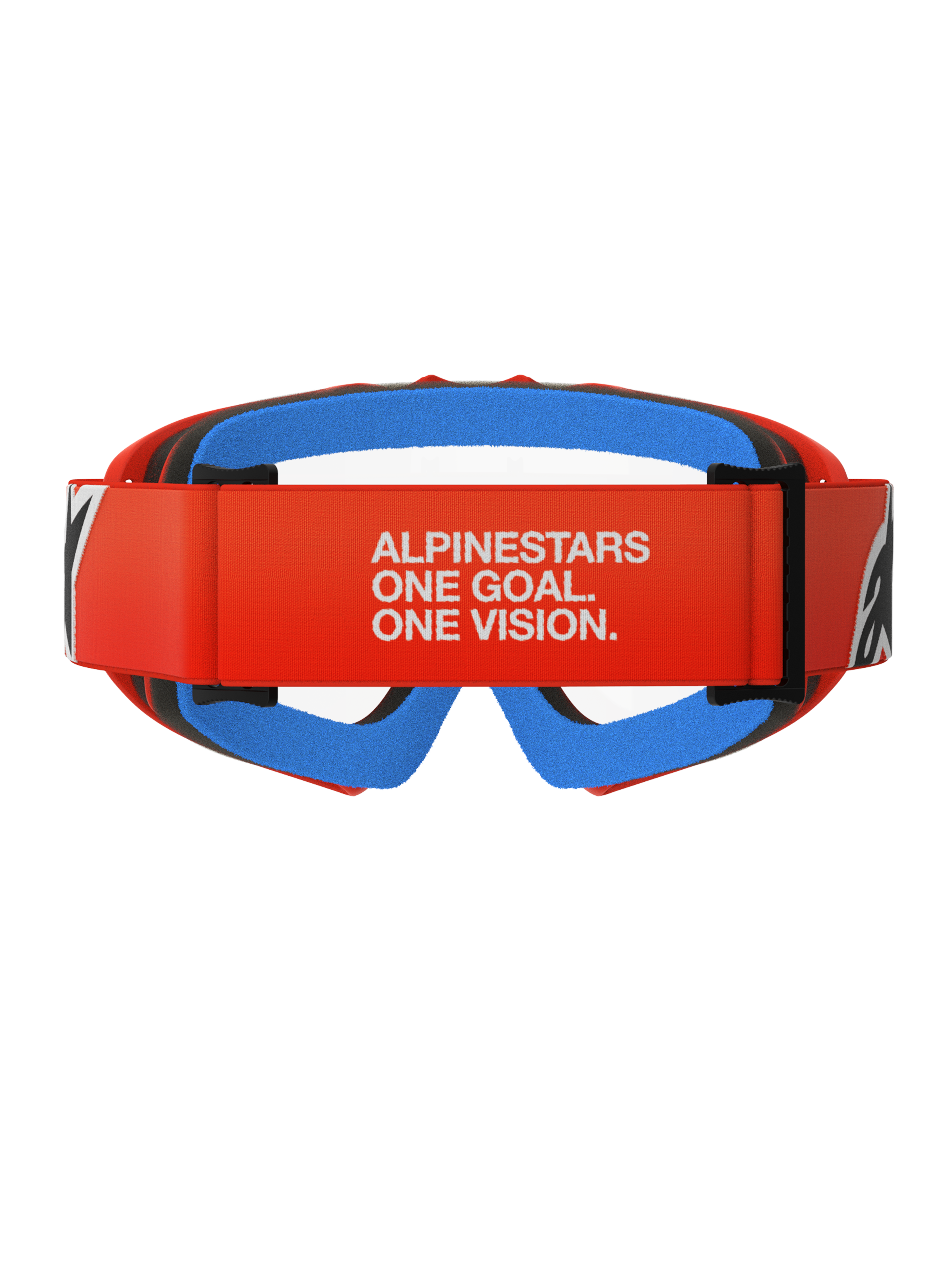 Alpinestars Vision Youth Corp Goggles, Motocross-Brille, Orange mit klarer Scheibe, Rückansicht mit orangefarbenem Band und weißem Alpinestars-Slogan, blauem Innenschaumstoff und klarer Polycarbonat-Scheibe