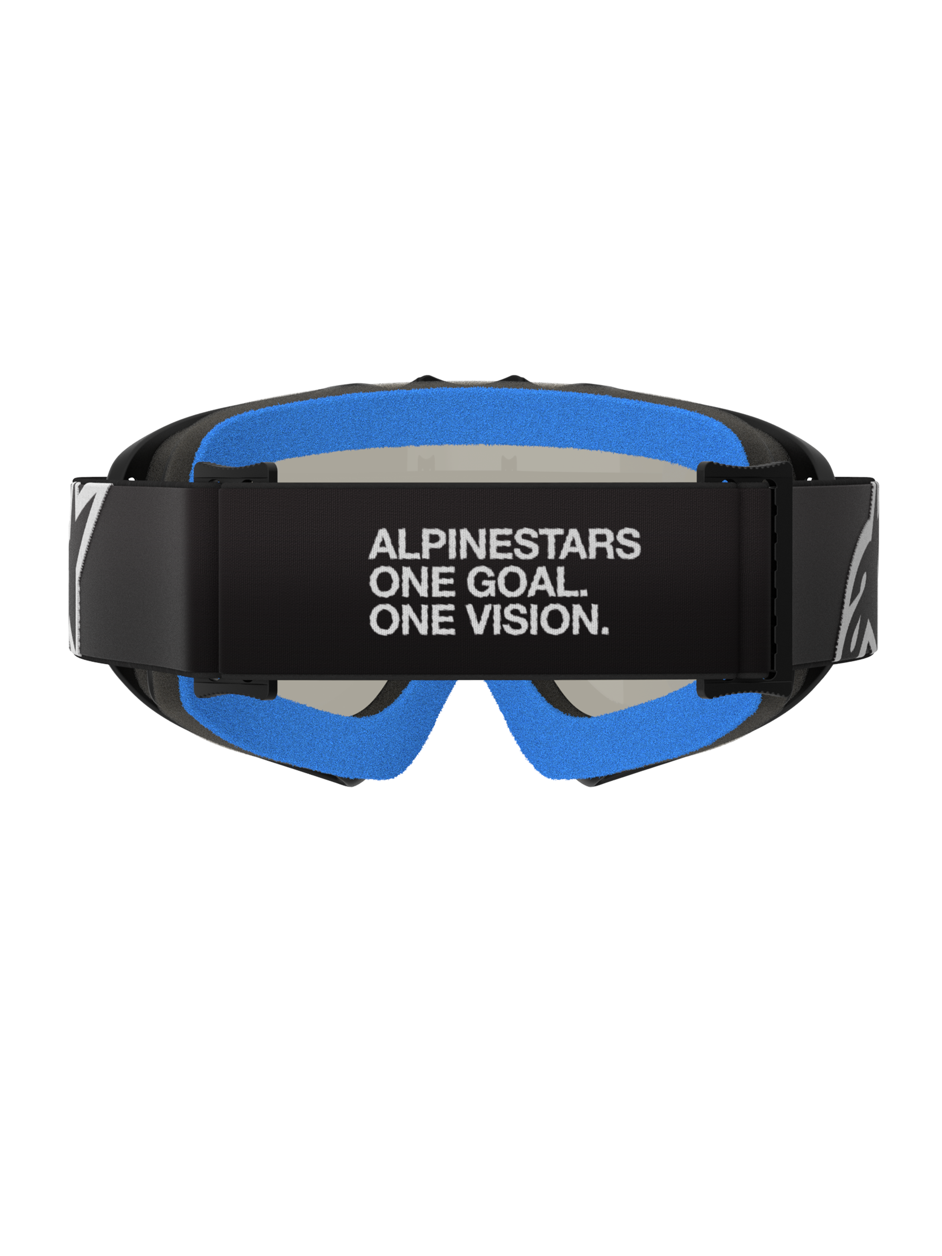 Alpinestars Vision Youth Corp Goggles, Black Mirror Silver, motorcrossbril, achteraanzicht met zwarte band met witte tekst 'ALPINESTARS ONE GOAL. ONE VISION.', helderblauw zacht gezichtsschuim en zwart A-FLEX frame.
